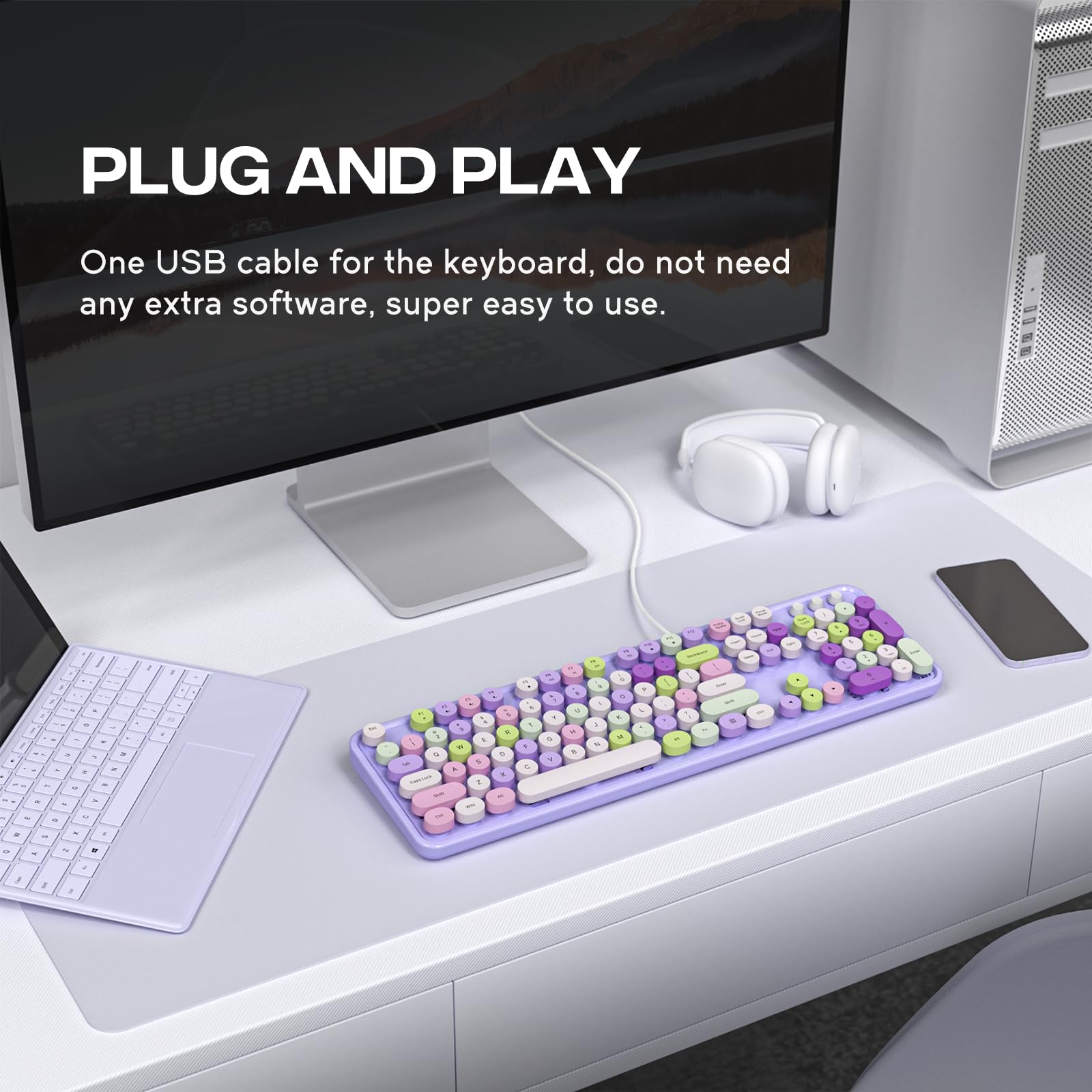 Atelus Computer Wired Keyboard, Plug Play Usb Full Size Keyboard With Large Number Pad, Caps Indicators, Foldable Stands, For Wi