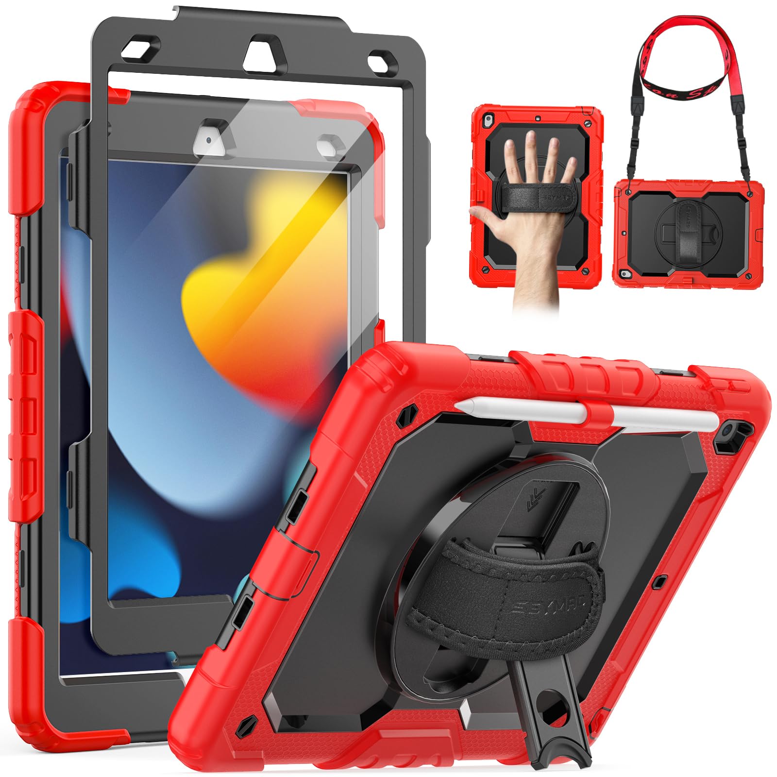 Seymac Case For Ipad 9Th/8Th/7Th Generation Case 10.2' 2021 2019, Full Body Shockproof Heavy Duty Protective Case With Screen Protector, 360� Rotating Stand/Handle/Shoulder Strap For Ipad 10.2, Red