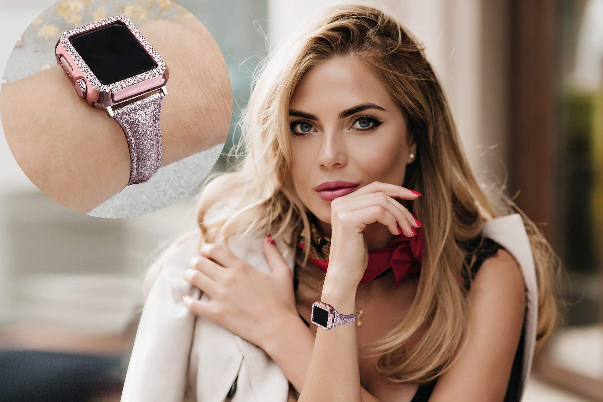 Secbolt Bling Case Compatible With Apple Watch 42Mm, Full Cover Bumper Screen Protector For Iwatch Series 3 2 1 (Rose Pink 42Mm)