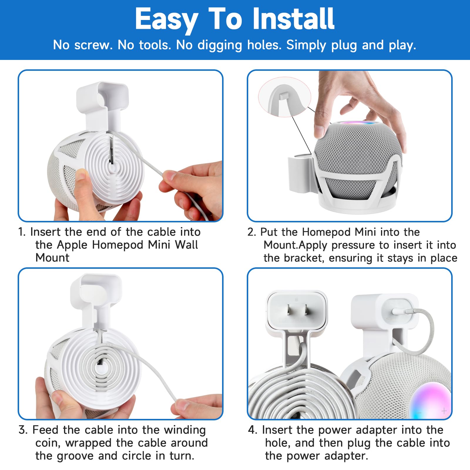 Cuhioy Wall Mount Holder For Homepod Mini, Plug Mount With Cord Management, No Messy Wires Or Screws, Perfect Space Saving Acces