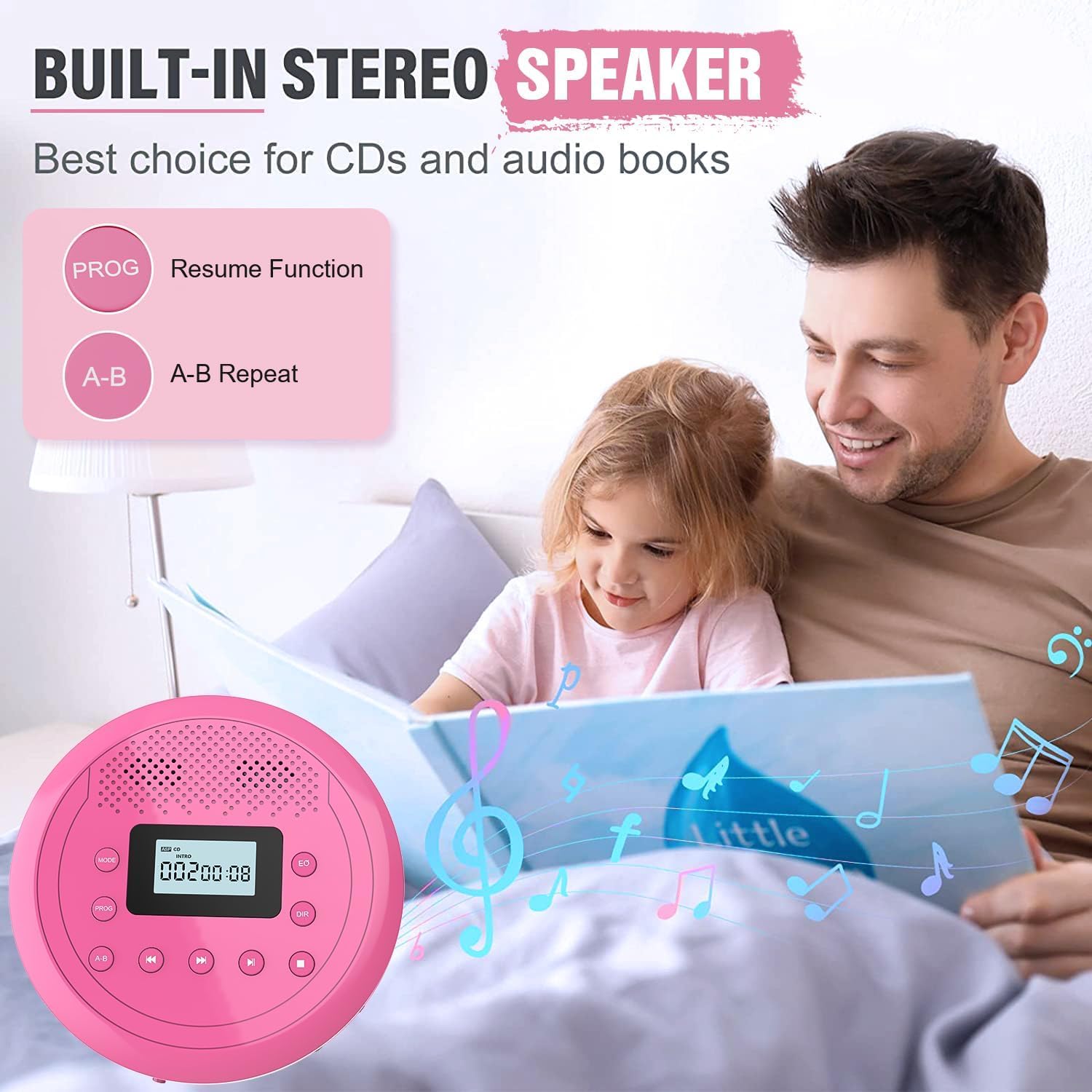 Monodeal Cd Player Portable, Rechargeable Cd Player With Speakers, Anti Skip Cd Player For Car And Home, Walkman Cd Player With Headphones For Audio Book Music (Rose Red)