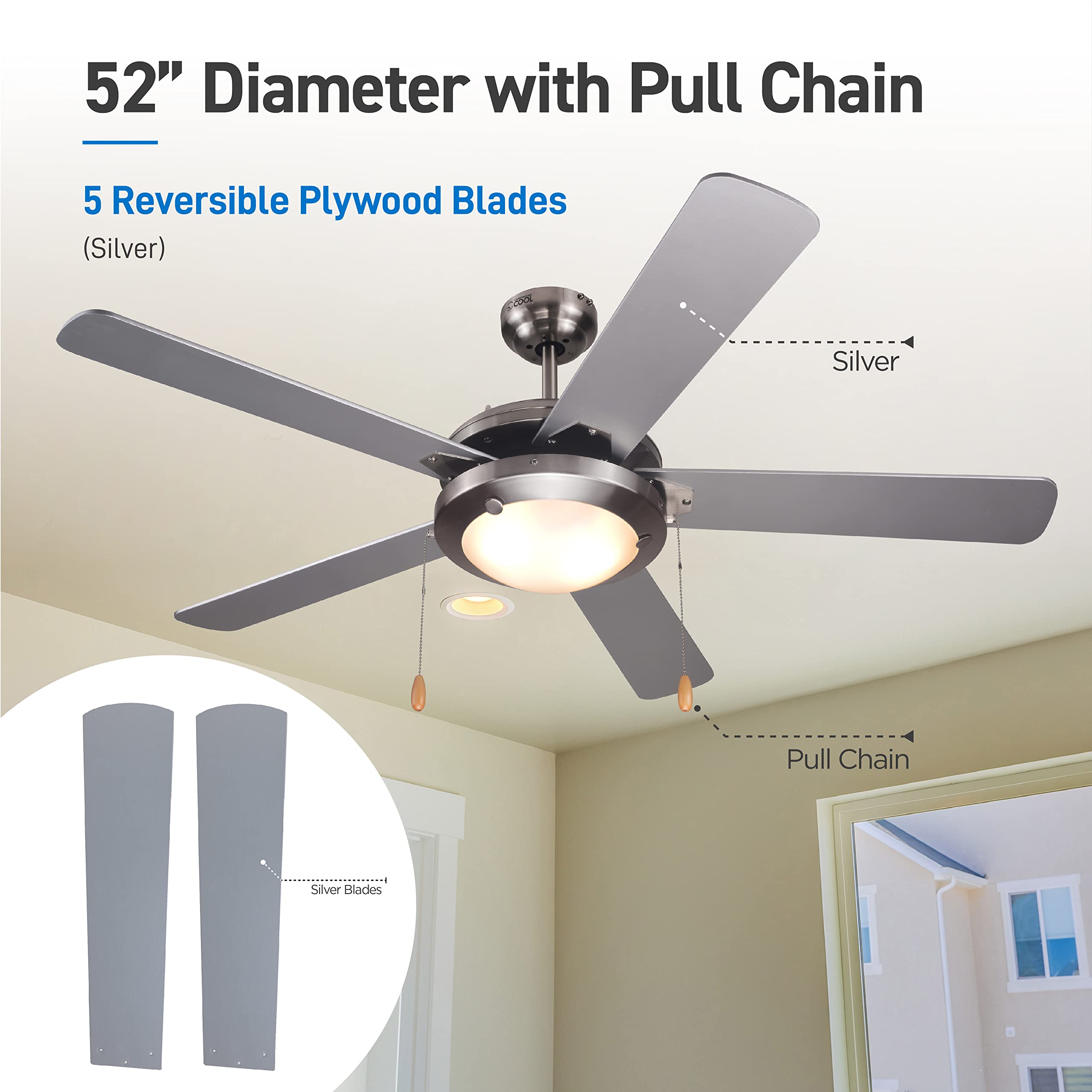 Commercial Cool 52    Modern Ceiling Fan With Lights, Cools Up To 350 Sq. Ft., Perfect For Large Rooms, Featuring 3 Air Flow Spe