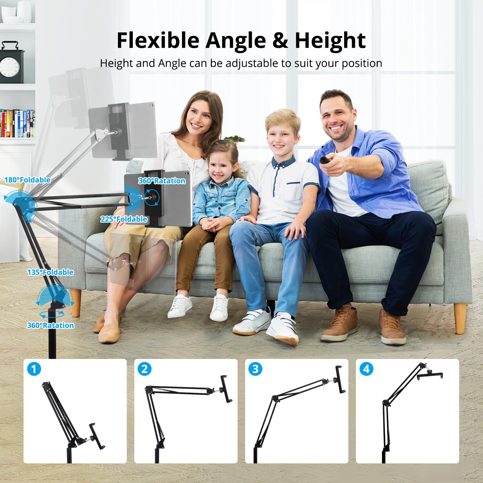 Spessn Adjustable Floor Stand Universal 360 Degree Rotatable Metal Tablet Holder Compatible Samsung Galaxy Tab And Phones(Black)