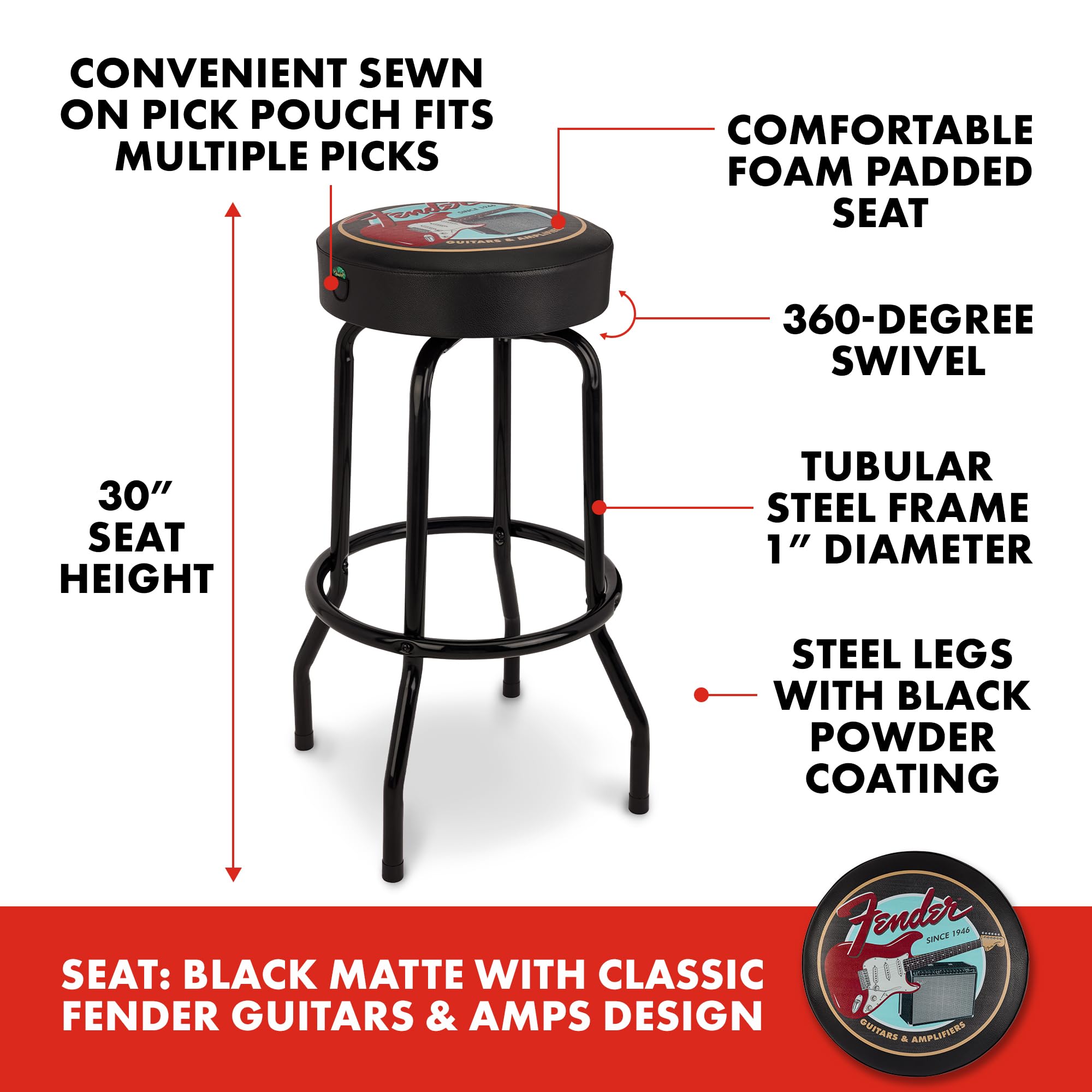 Fender Guitars & Amps Logo Swivel Barstool With Guitar Picks Pouch, Great Gifts For Dad, With 1 Year Limited Warranty, Simple As