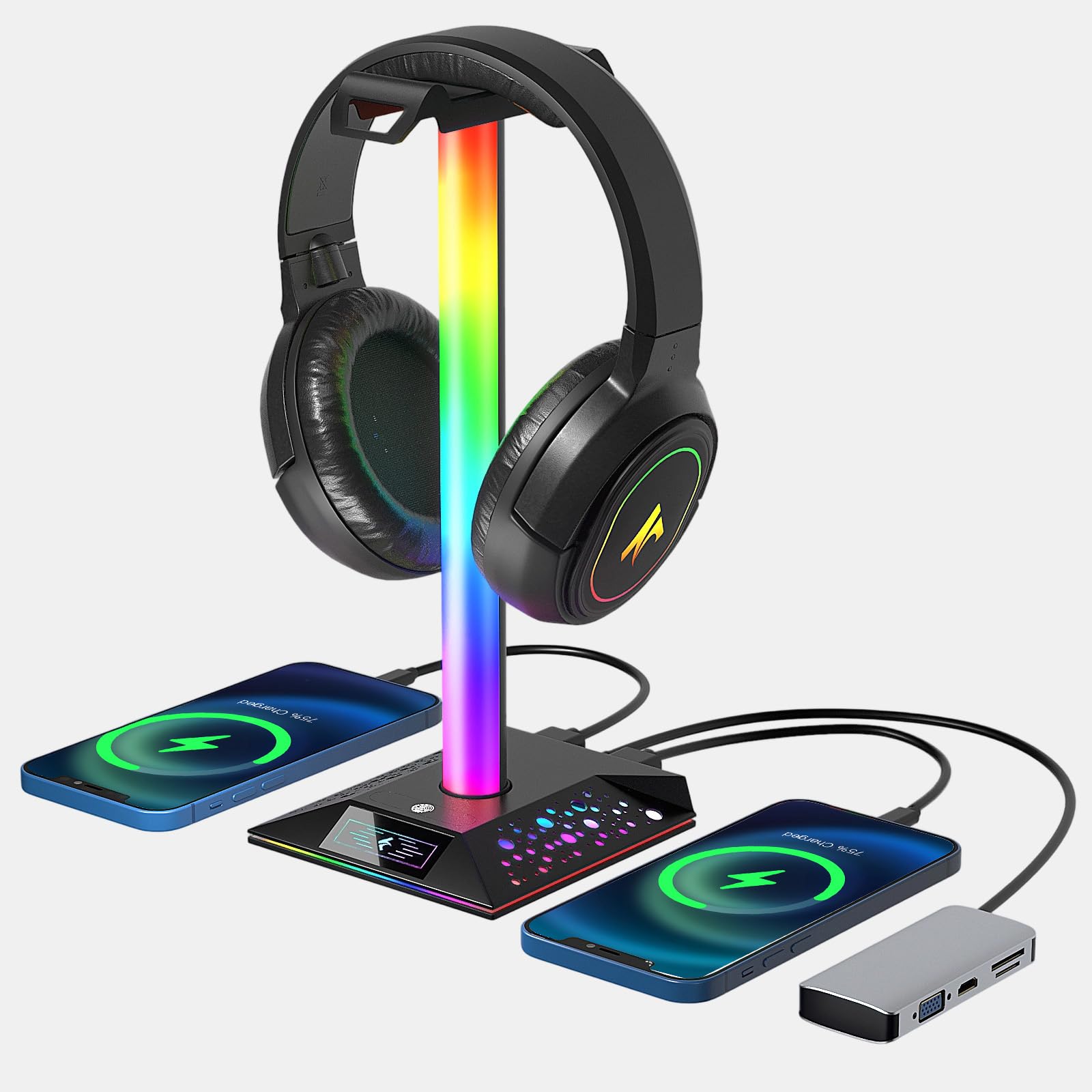 Xergur Gaming Headphone Stand PC Accessories - RGB Headset Stand with 2 USB Charger, Cool LED Headphone Holder PC Gaming Accesso
