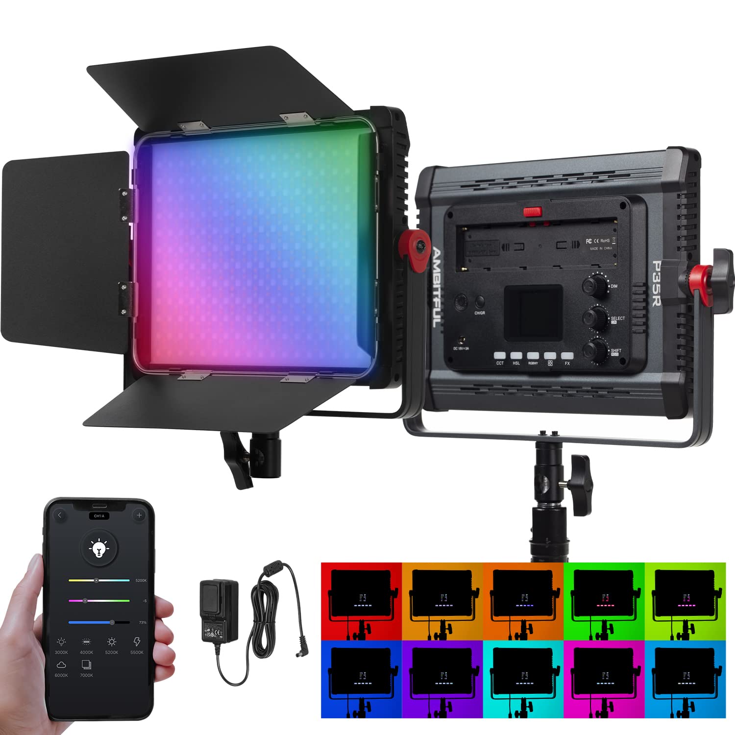 Ambitful P35R Rgb Video Lighting,Rgb Led Video Light With App Control,Photography Lighting Kit Cri/Tlci 97 For Tiktok Youtube, G