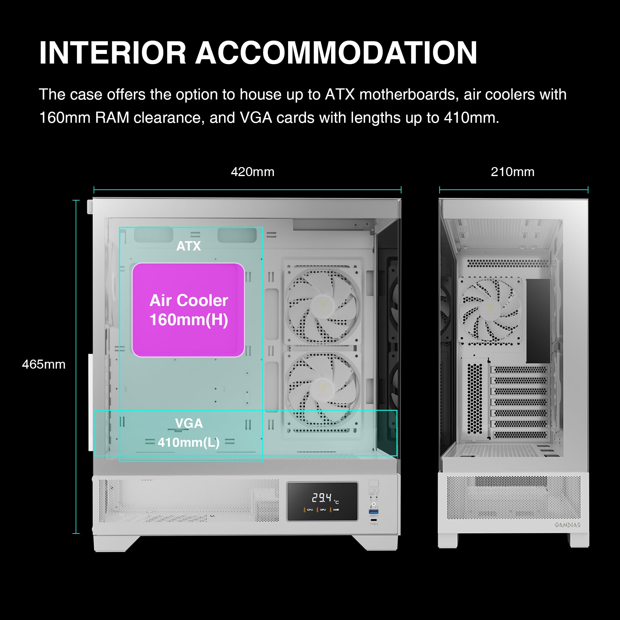 Gamdias White Mid Tower Gaming Computer Case W/Display& App, Atx Tempered Glass Pc Case, Built In 3X120Mm Argb Pwm Fans, Up To R