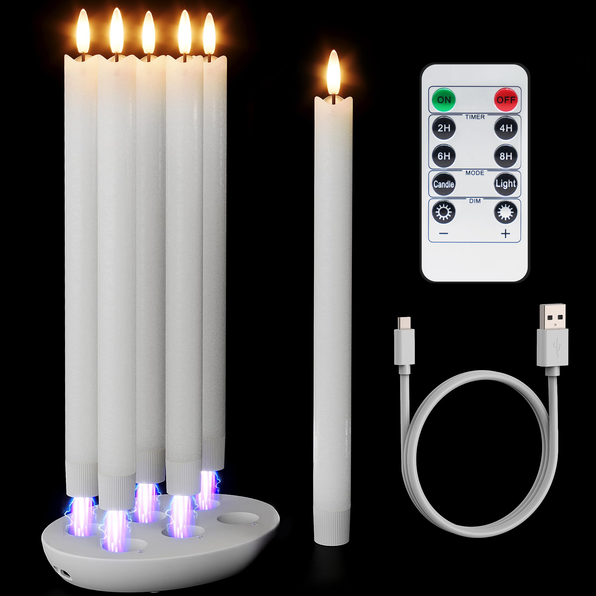 Patiphan Rechargeable Flameless Taper Candles With Charging Station, 6 Pcs Real Wax Led Taper Candles Flickering With Remote&Tim