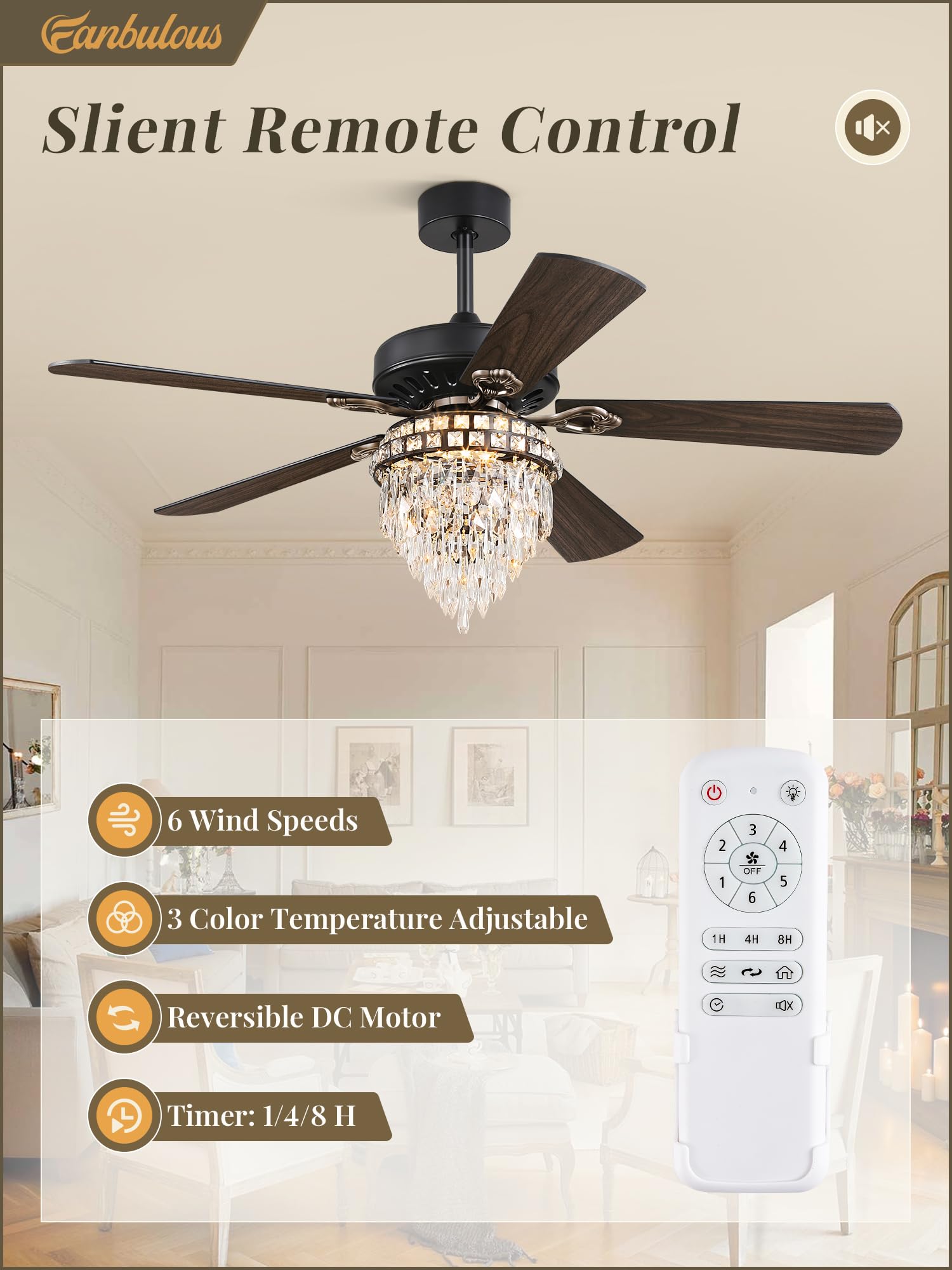 Fanbulous 52 Inch Farmhouse Fandelier Ceiling Fan With Light, Crystal Ceiling Fan Chandelier With 6 Speeds, Quiet Reversible Noi