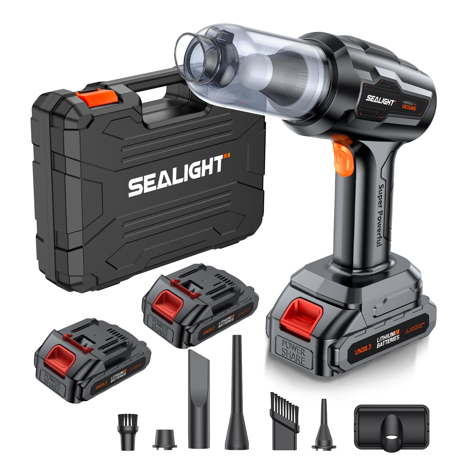 Sealight Car Vacuum Portable Cordless, 21000Pa High Power Handheld Car Vacuum, Two Batteries Long Endurance, 18V/120W Portable V