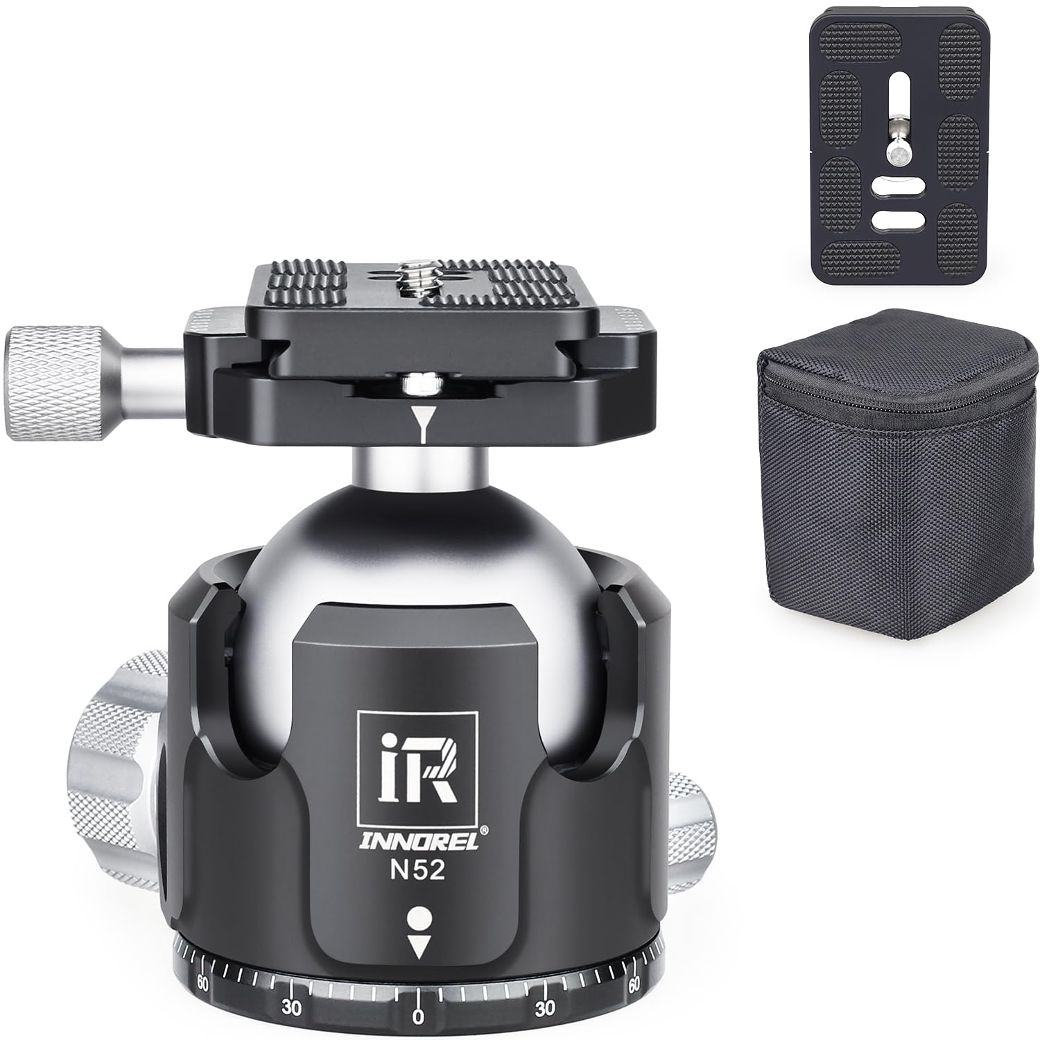 Low Profile Tripod Ball Head Innorel N52,Panoramic Cnc Metal Camera Tripod Ball Head With Two 1/4' Screw Arca Swiss Quick Release Plates For Tripod,Monopod,Dslr,Camcorder,Max Load 66Lbs/30Kg