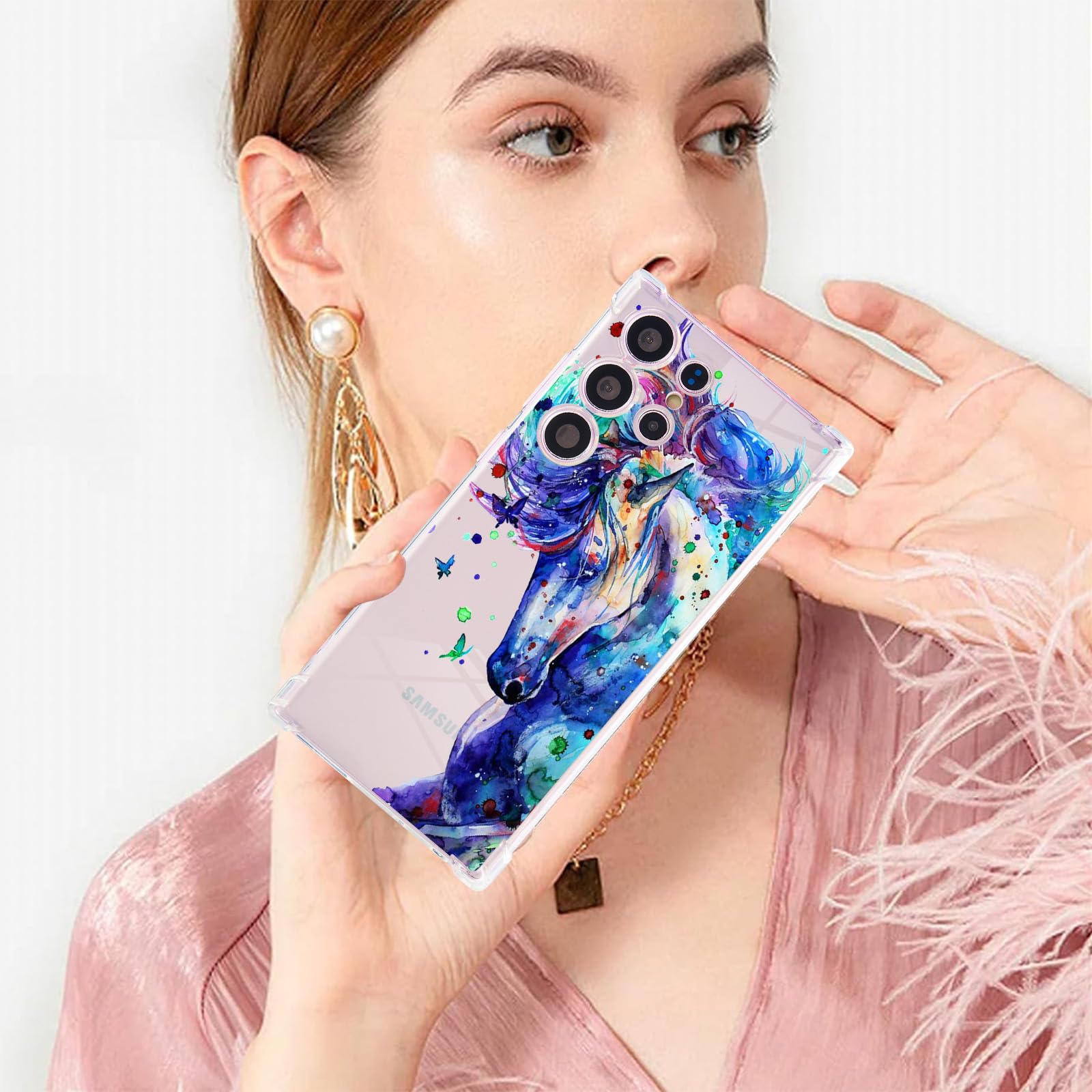 Roemary Horse Case For Galaxy S24 Plus,For Samsung Galaxy S24 Plus With Horse Design,Purple Pattern With Screen Protector Soft T