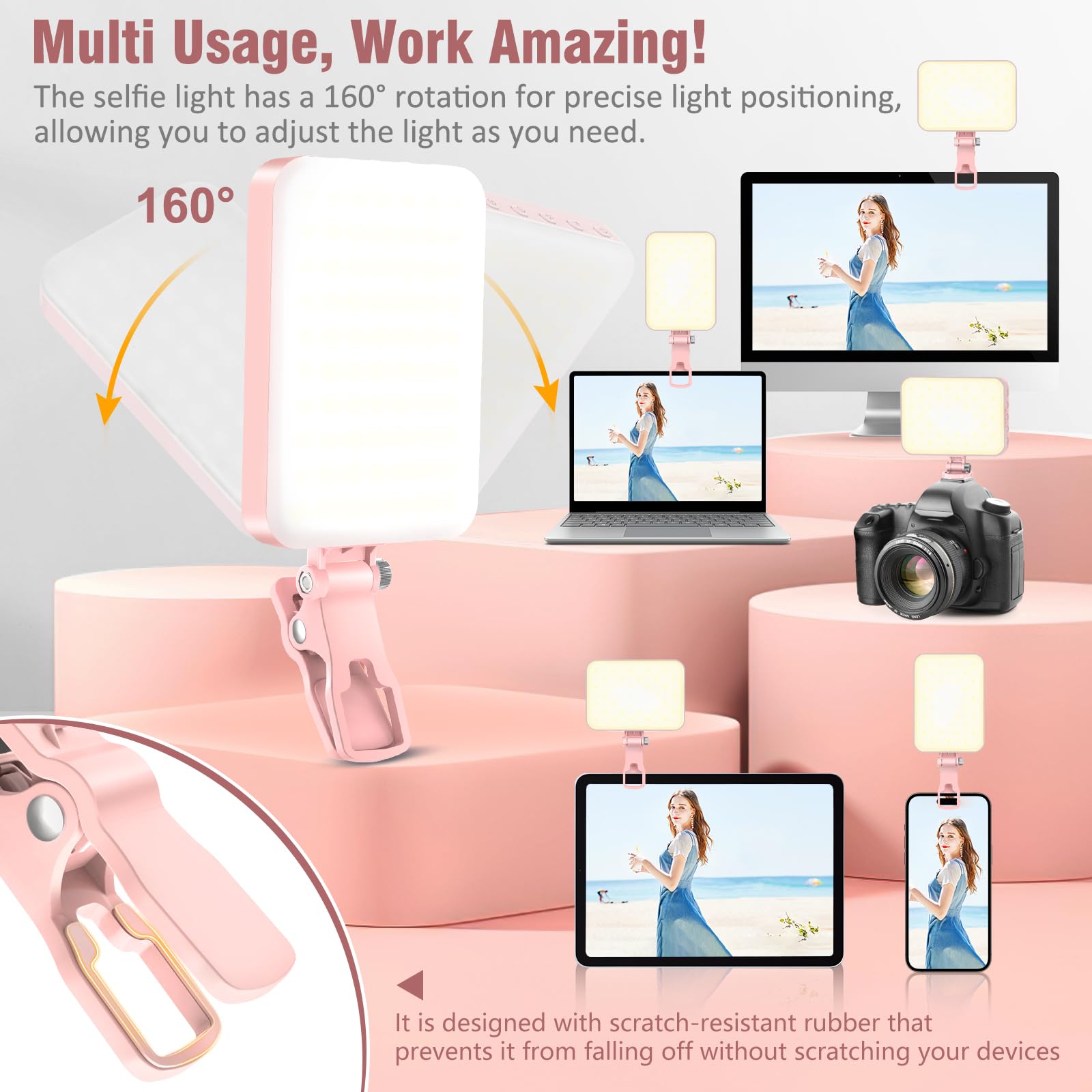 Altson 60 Led Portable Selfie Light Video Conference Lighting With Clip & Camera Tripod Adapter Rechargeable 2200Mah Cri 97+, 9