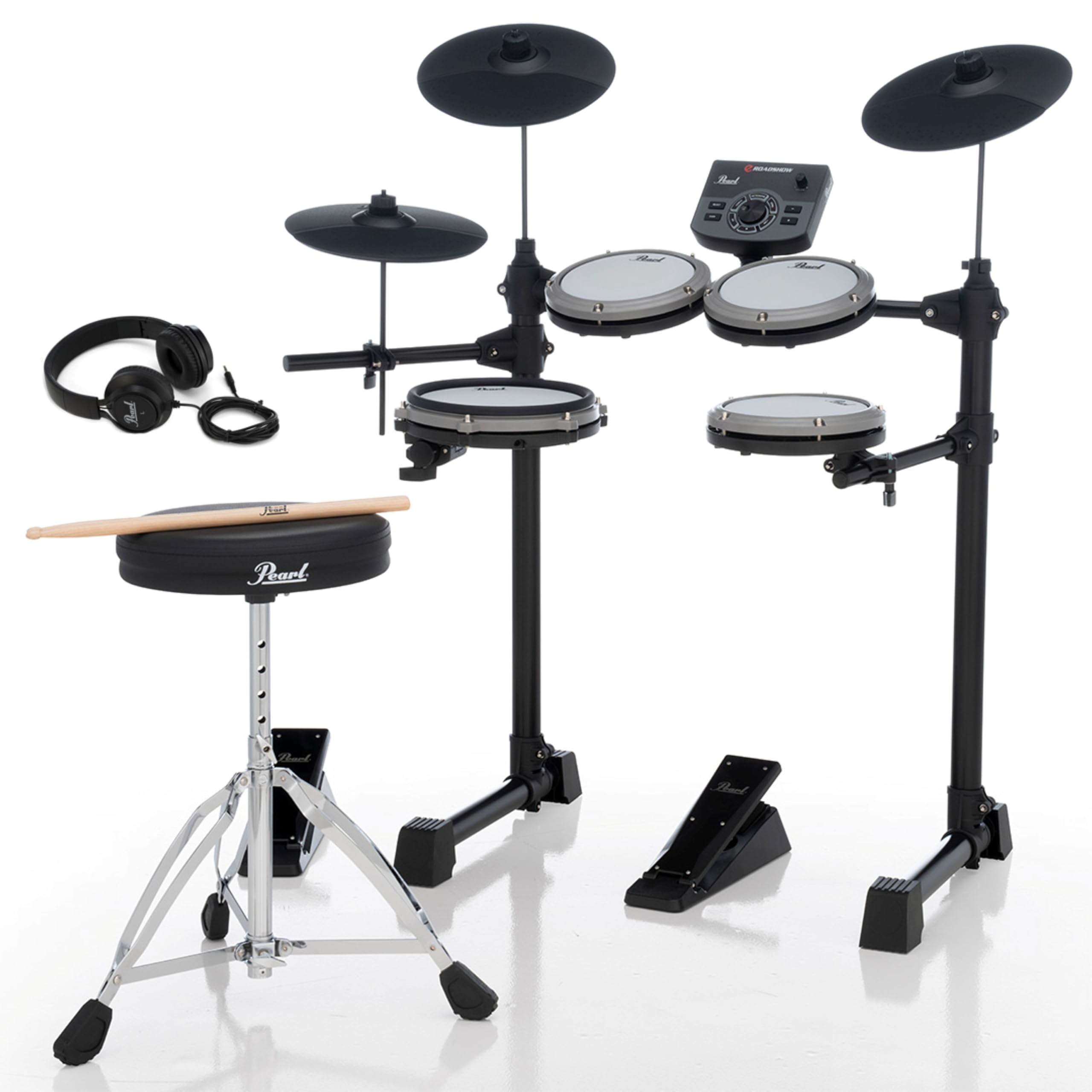 Pearl Ers1000 Eroadshow Electronic Drum Set, Complete Kit With Four Quiet Mesh Pads, Two Pedal Controllers, Cymbal Pads, Throne,