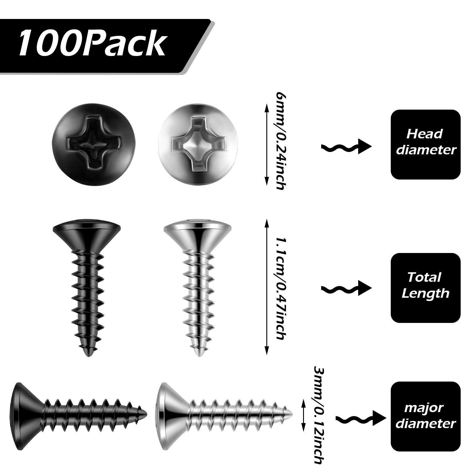 Hotop 100 Pack 3 Mm Guitar Screw Bass Pickguard Screws Guitar Mounting Screws For Guitar Bass Replacement (Black And Silvery)