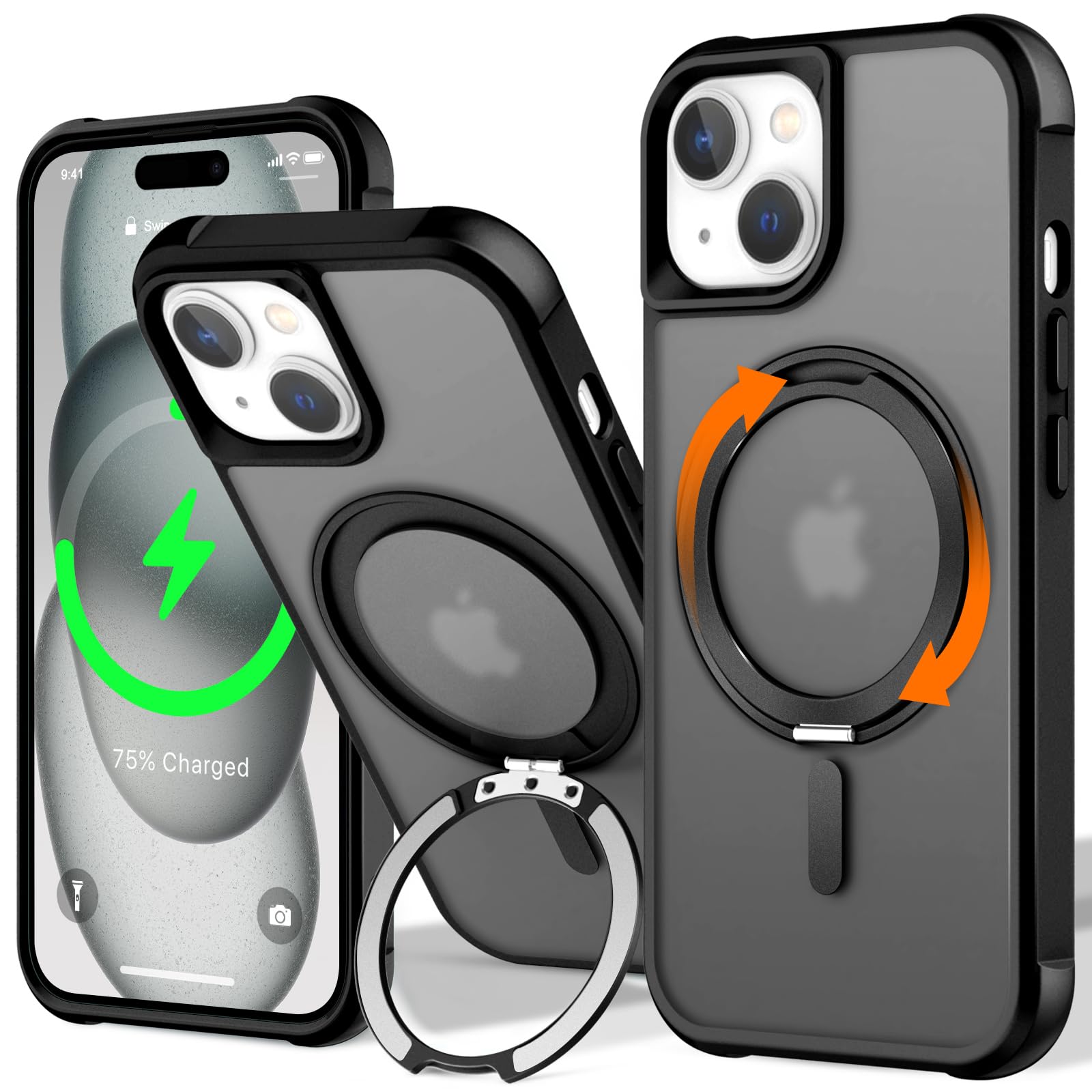UMIONE 360 Rotatable Magnetic Ring Design for iPhone 15, Built-in Invisible Loop Stand, Compatible with Magsafe, Translucent Ult