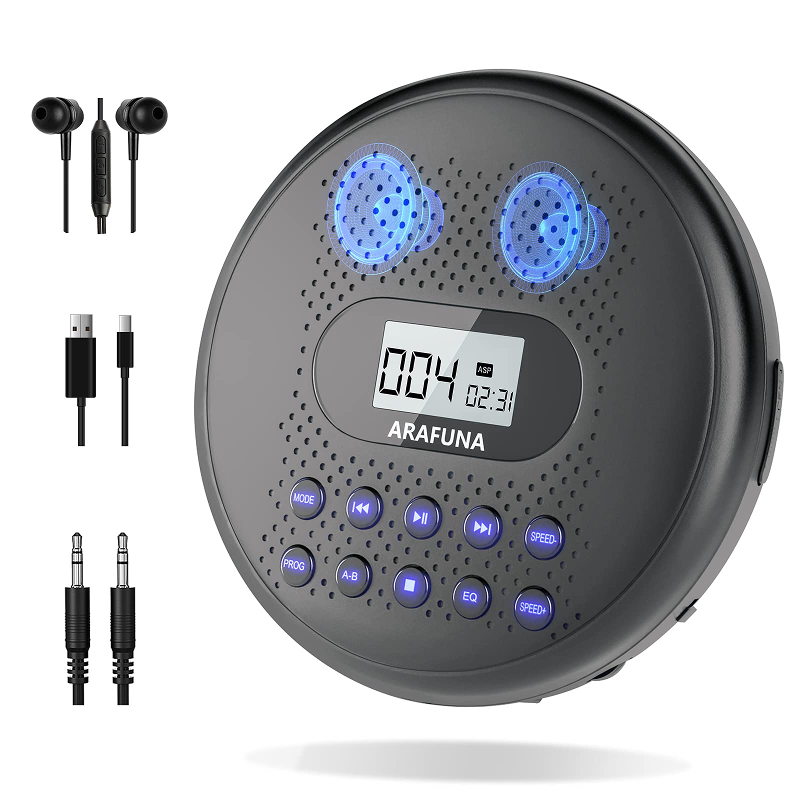 Arafuna Portable Cd Player With Dual Stereo Speakers, Rechargeable Cd Player For Car With Anti Skip Protection, Walkman Cd Playe