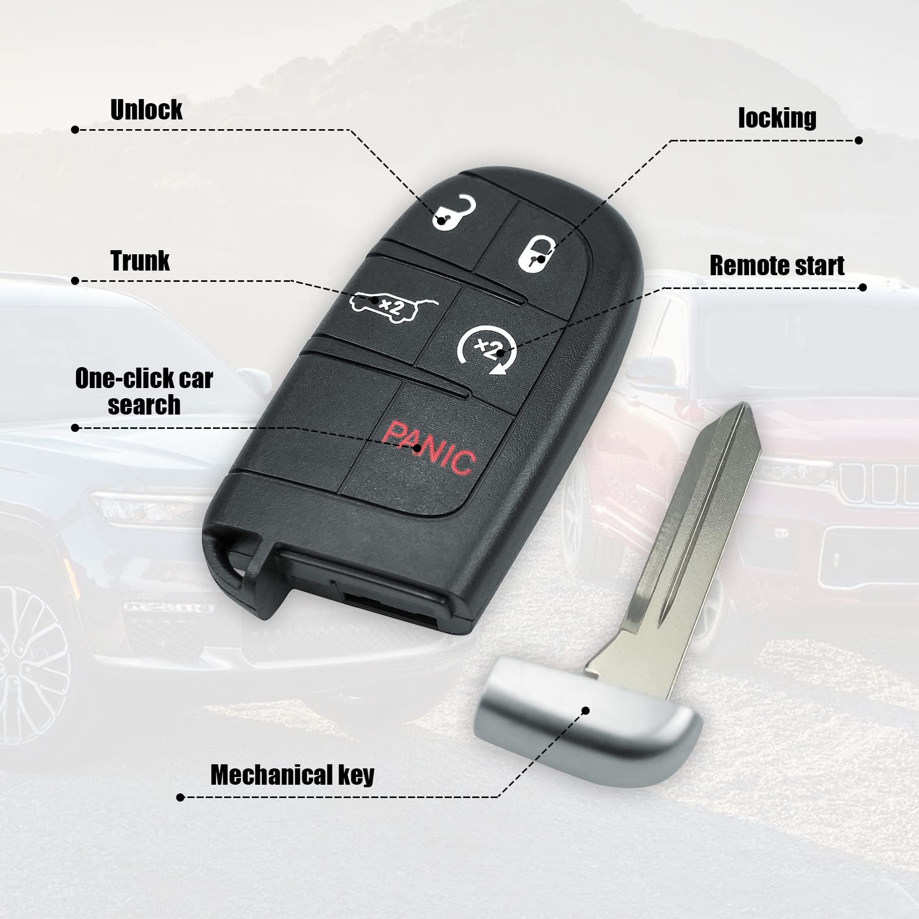 Key Fob Compatible With Jeep Grand Cherokee 2014 2015 2016 2017 2018 2019 2020 2021 5-Button Keyless Entry Remote Control Car Ke