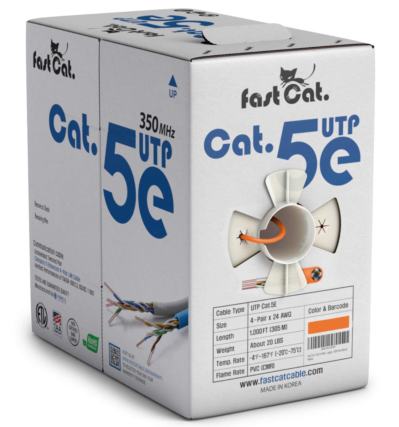 Fast Cat. Cat5E Ethernet Cable 1000Ft   24 Awg, Cmr, Insulated Bare Copper Wire Cat 5 Ethernet Cable With Fastreel   350Mhz / Gigabit Speed Utp Cable Cat5E   Cmr (Orange)