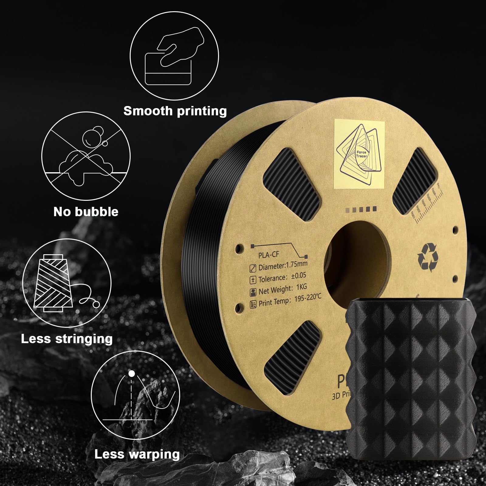 Carbon Fiber Filament 1.75Mm - Reinforced 3D Printer Filament - Black Pla 3D Filament - Pla-Cf 1.75 Filament - 340M Spool (2.2 L