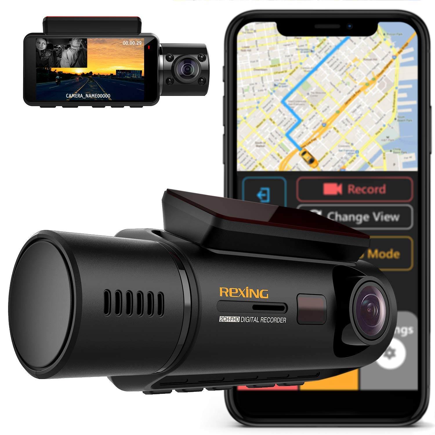 Rexing V3 Dual Camera Front And Inside Cabin Full Hd 1080P With Wifi And Built In Gps