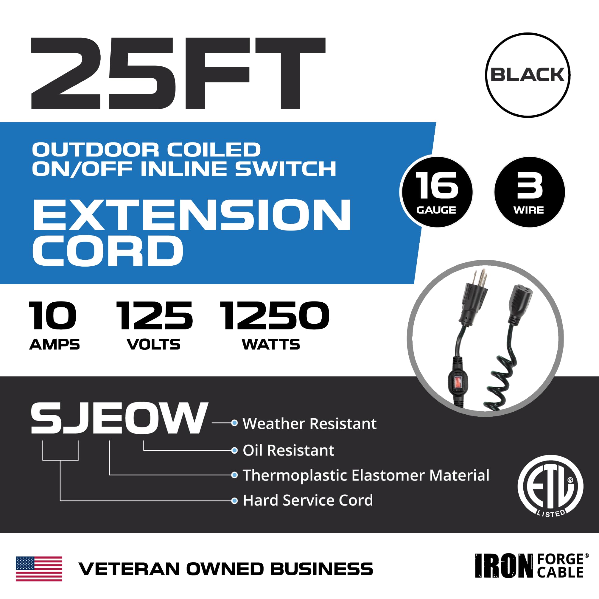Iron Forge Cable Sjeow 25 Ft Black Outdoor Coiled Extension Cord With Inline Ip65 Waterproof Switch On/Off, 16/3 Oil Resistant &