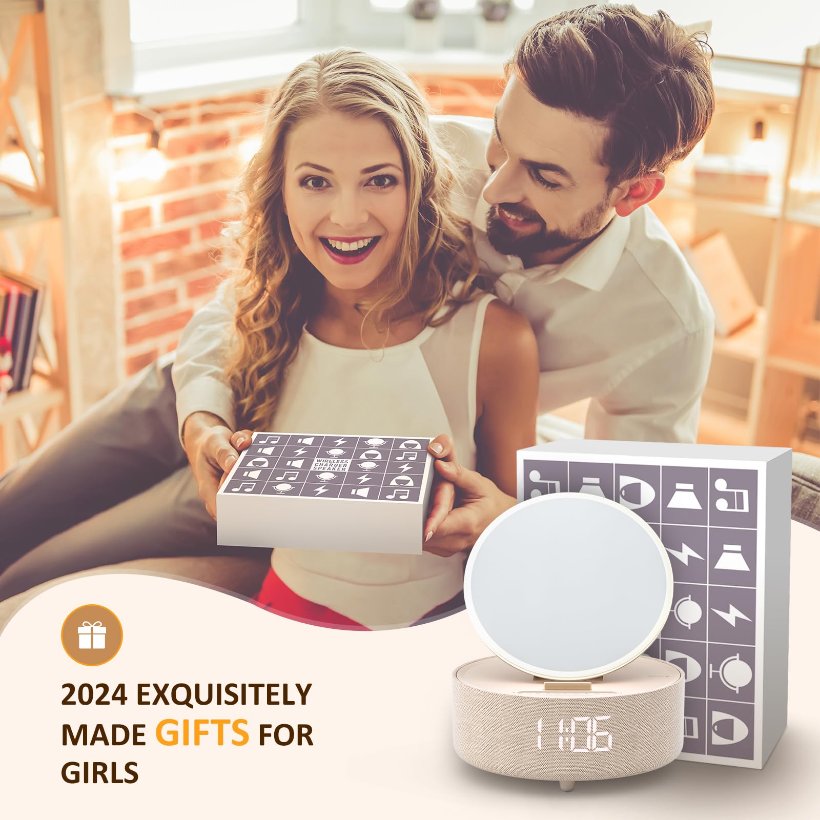 Colsur Bluetooth Speaker Alarm Clock, Digital, Modern, Yellow, 5.94X2.79 Inches, Wireless Charger, Led Display, Music Gifts For