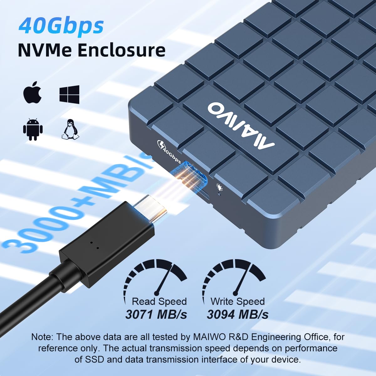 MAIWO 40Gbps NVMe Enclosure, USB4 Type-C, Aluminum Alloy, 8TB Capacity, Grey, Tool-Free Design, Thunderbolt 3/4 Support
