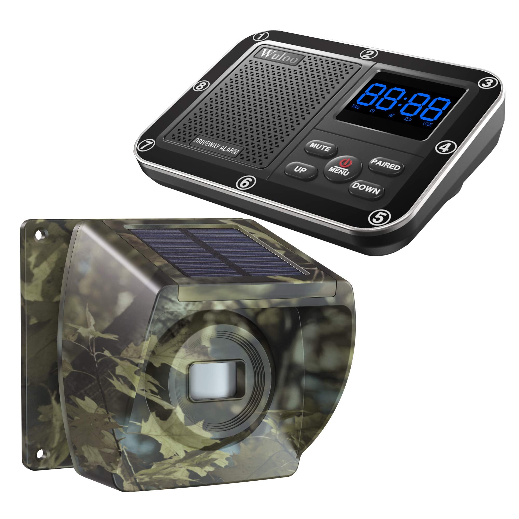 Solar Driveway Alarm Wireless Outside 1800Ft Range, Outdoor Motion Sensor & Detector Driveway Alert System With Rechargeable Battery/Weatherproof/Mute Mode (1&1 Camouflage)