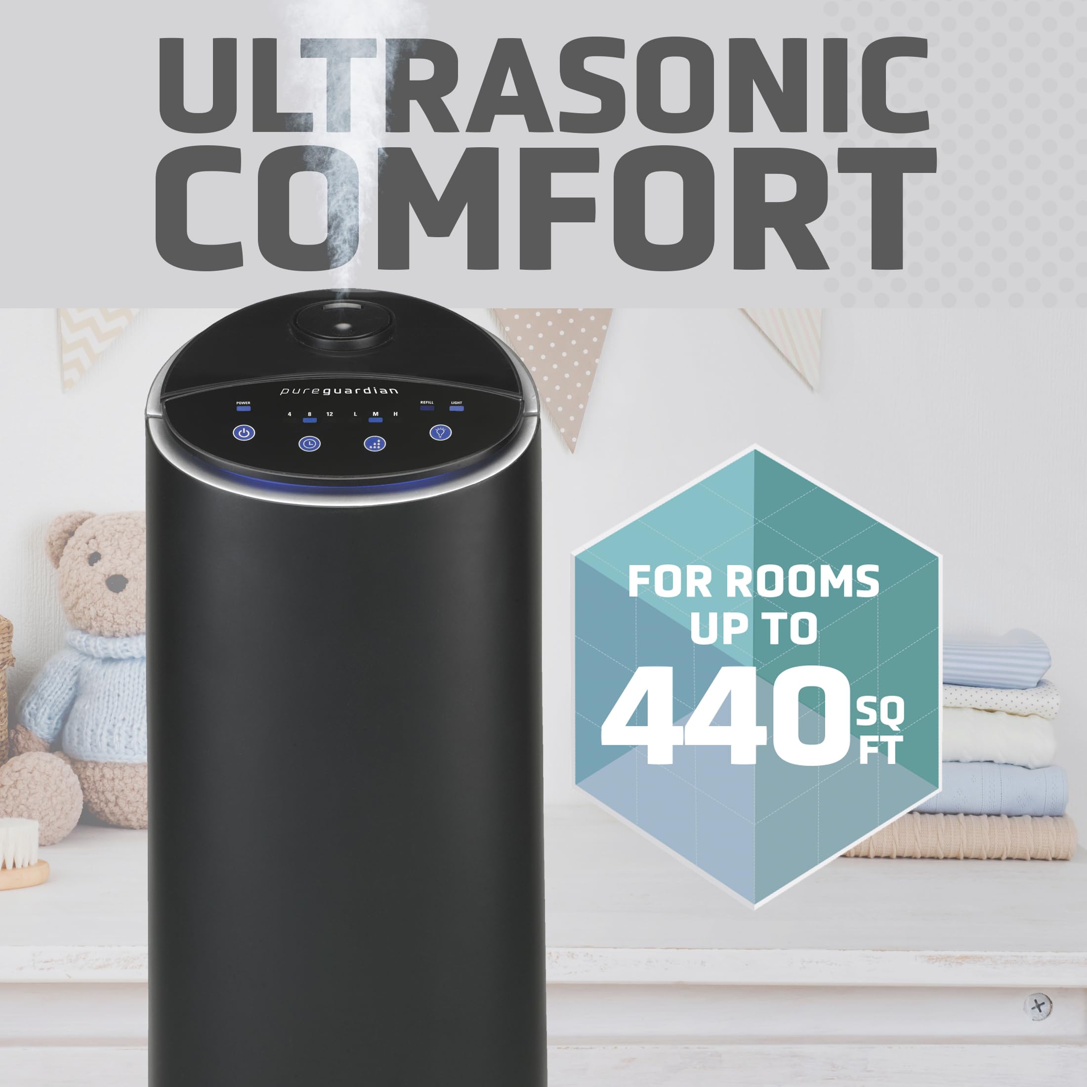 Pure Guardian Ultrasonic Cool Mist Humidifier, 100 Hour Run Time, 1.5 Gallon Tank, 440 Sq. Ft. Coverage, Medium Rooms, Quiet, Fi