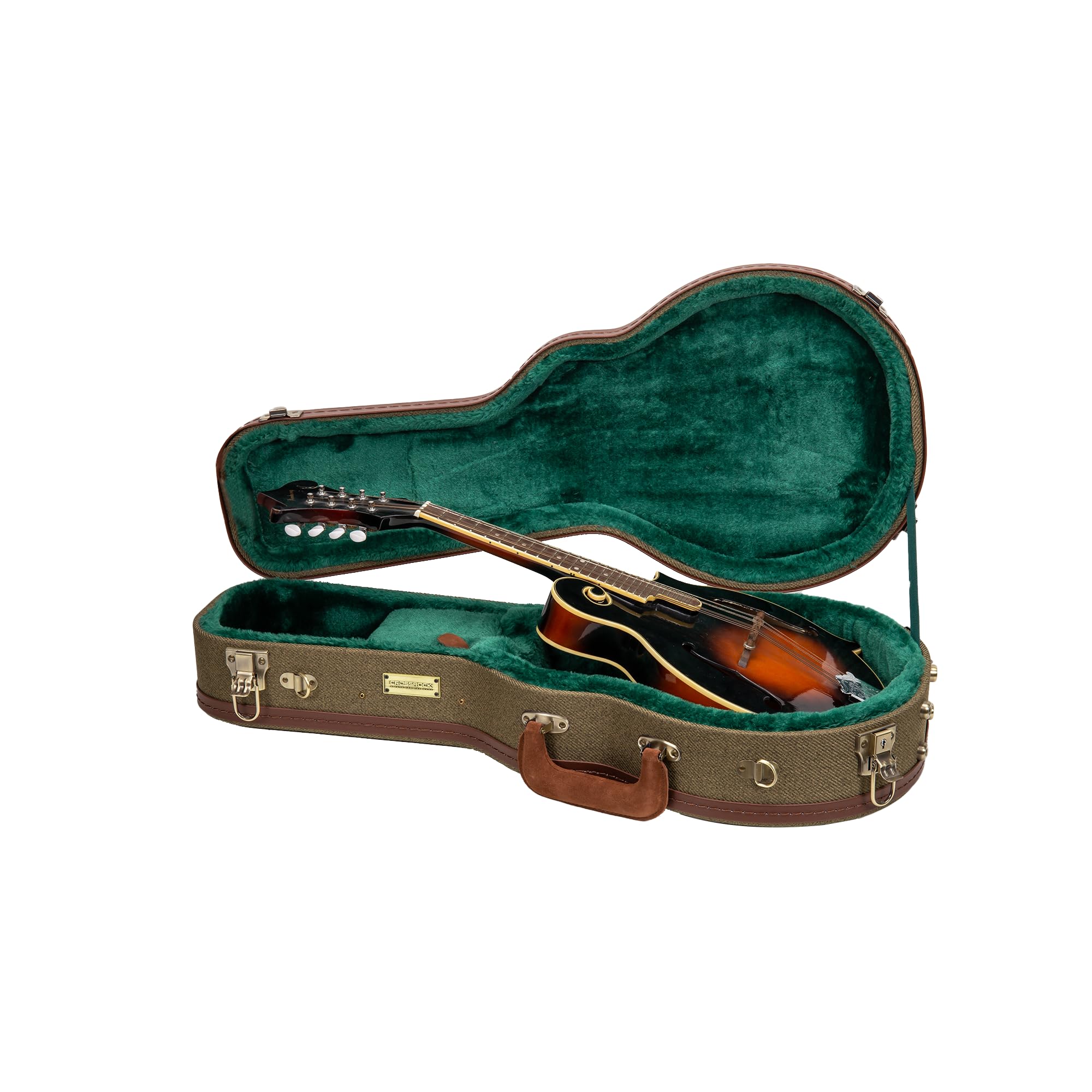 Crossrock Master Series F-Style Mandolin Case | Olive Green Tweed Exterior, Re-Engineered Wooden Shell, Leather Handle, Backpack