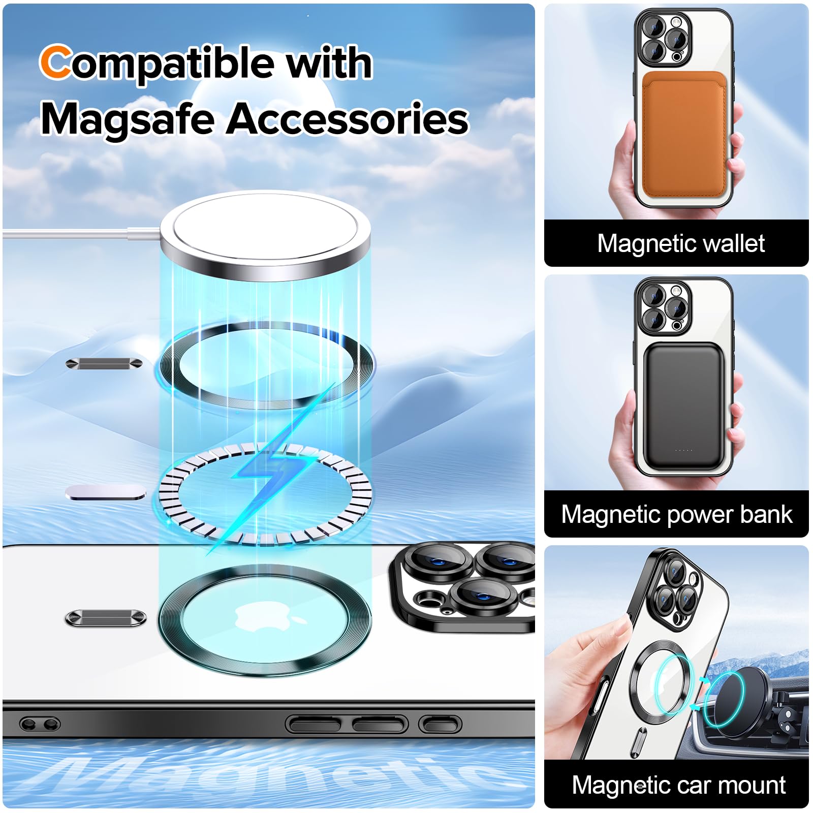 Hython Magnetic Clear Case For Iphone 16 Pro Case With Camera Lens Protector [Compatible With Magsafe] Plating Edge Slim Soft Tp