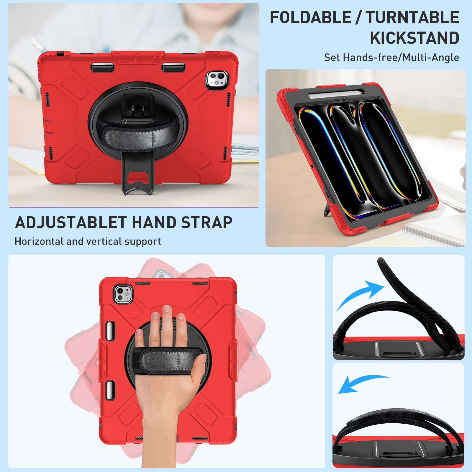 Supfives Case For Ipad Pro 13 Inch 2024 (7Th Gen), With Screen Protector/Shoulder Strap/Pencil Holder/Handle/Rotating Stand, Red