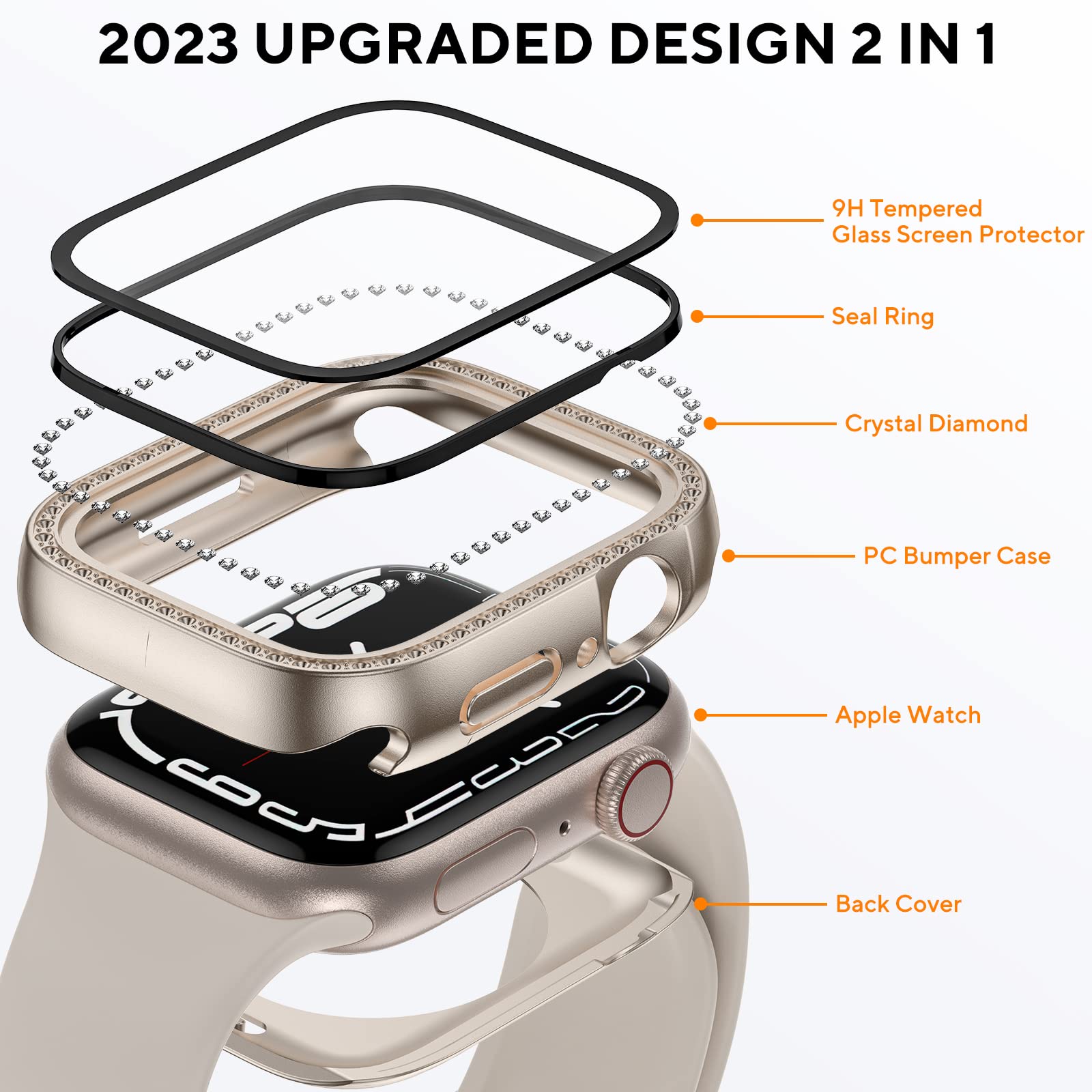 2 In 1 Bling Waterproof Case For Apple Watch Series Se 6 5 4 44Mm, 360 Protective Pc Cover Front & Back Bumper With Tempered Gla