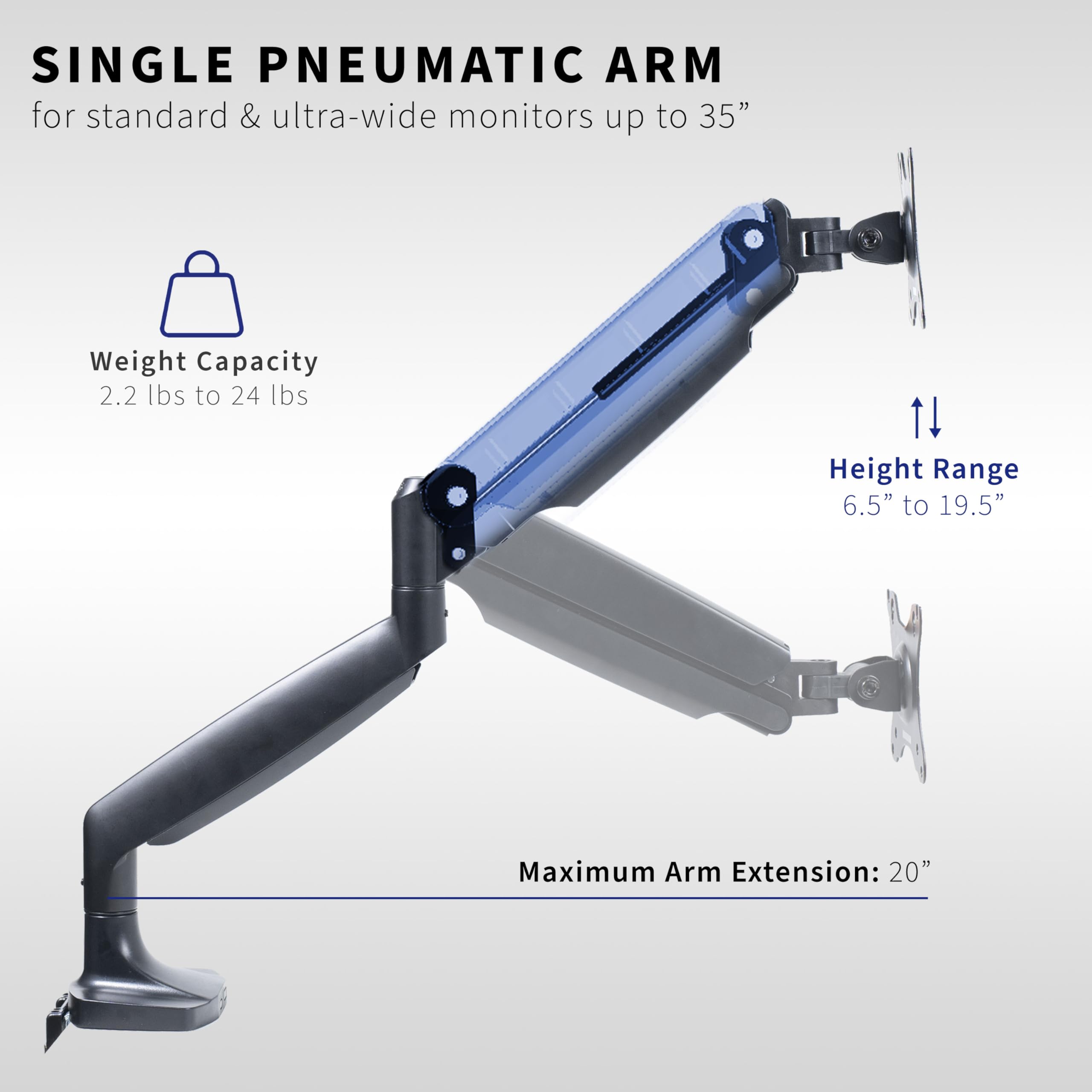 VIVO Premium Aluminum Heavy Duty Single Monitor Arm for Ultrawide Monitor up to 35 inches and 24 lbs, Desk Mount Stand, Pneumatic Height, Max VESA 100x100, Black, STAND V101Q