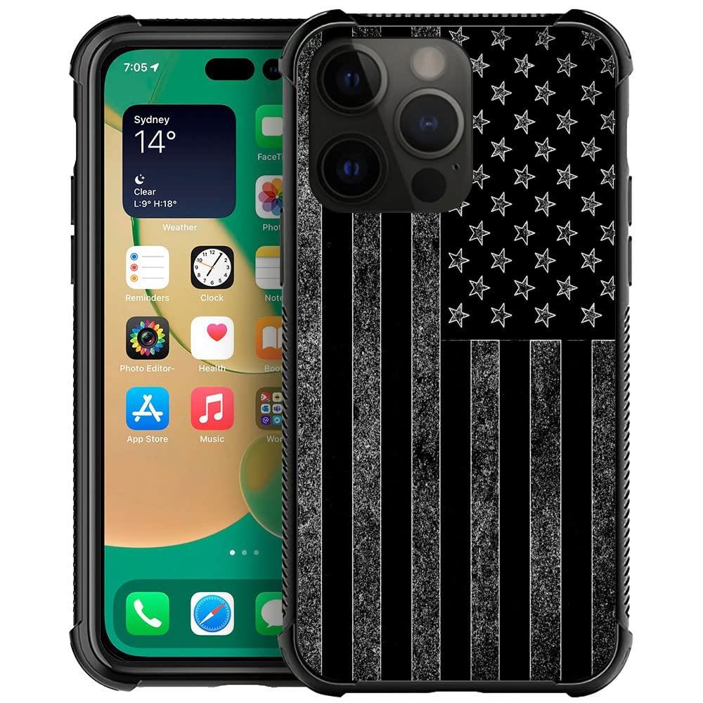 Compatible With Iphone 14 Pro Max Case, Black And White American Flag Iphone 14 Pro Max Cases, Tempered Glass Back+Soft Silicone