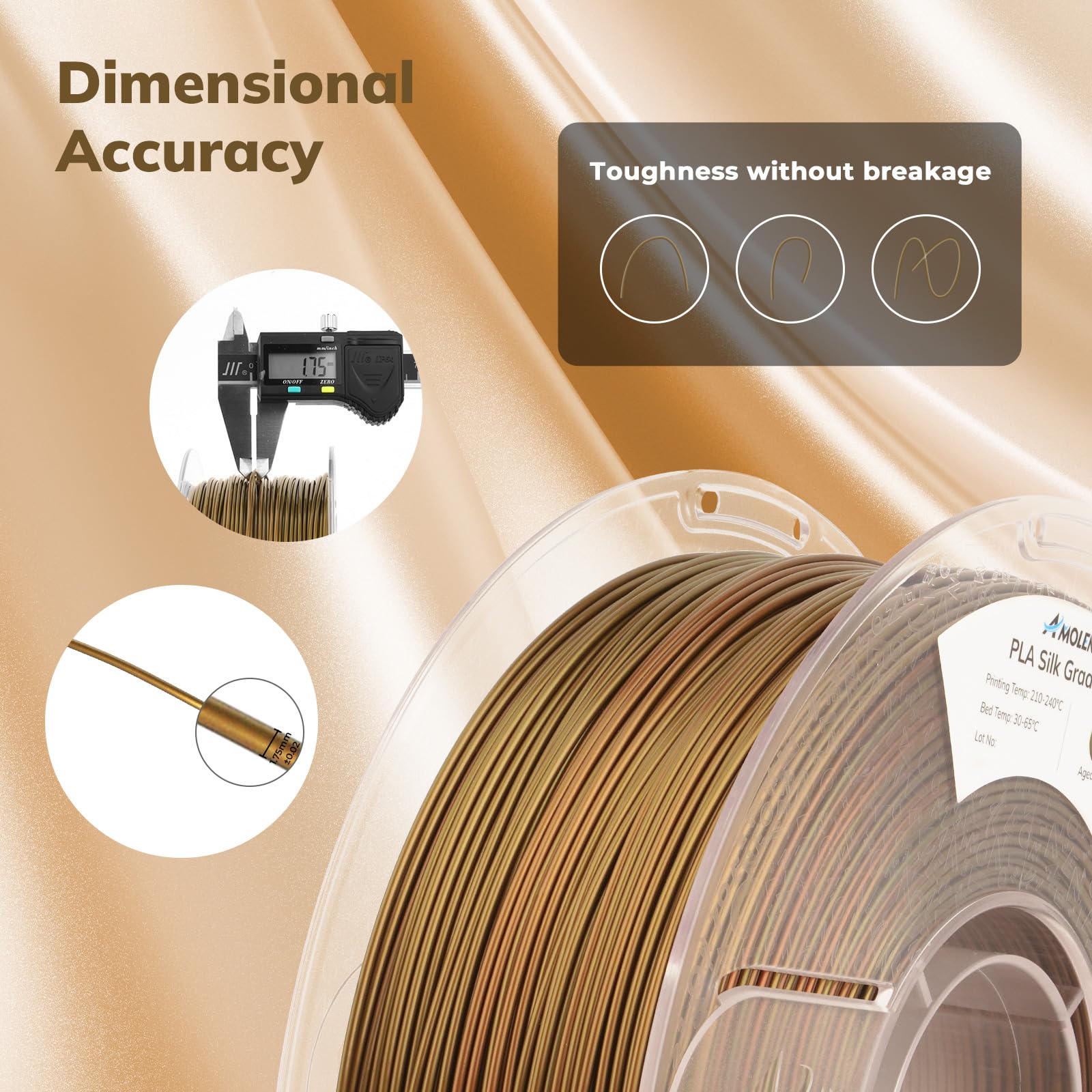 Amolen Pla Filament 1.75Mm,Silk Pla Aged Brass Gradient, 3D Printer Filament 1.75Mm For 3D Printing Dimensional Accuracy 0.02Mm