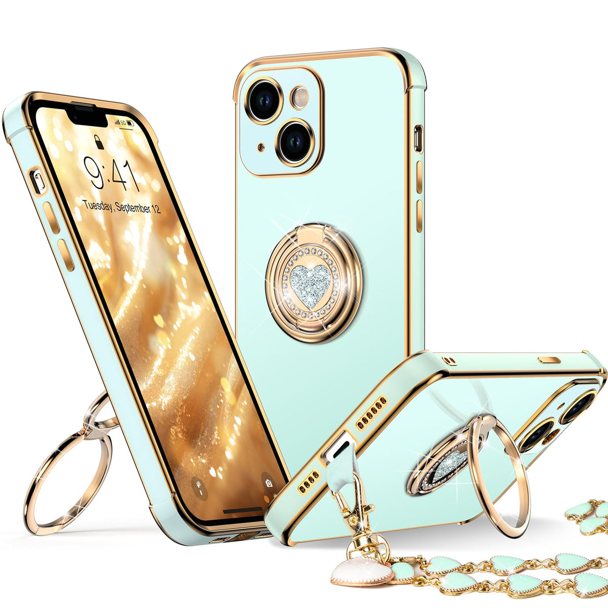 Xyz For Iphone 14 Plus Case With Stand, Phone Case With Double Ring Kickstand, Women Girl Cute Love Heart Luxury Bling Protectiv