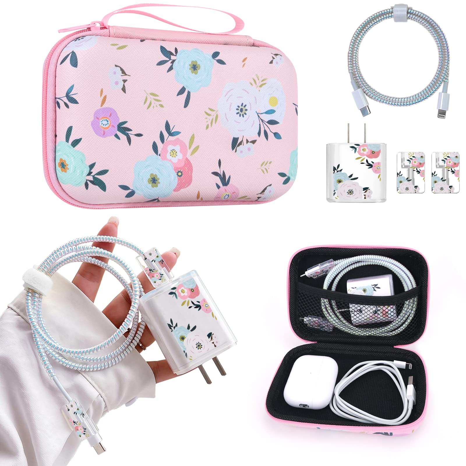 Cute Floral Phone Charger Storage Case Cover Set Colorful White Camellia Flowers Pattern Carrying Bag With Cable Protector Cord