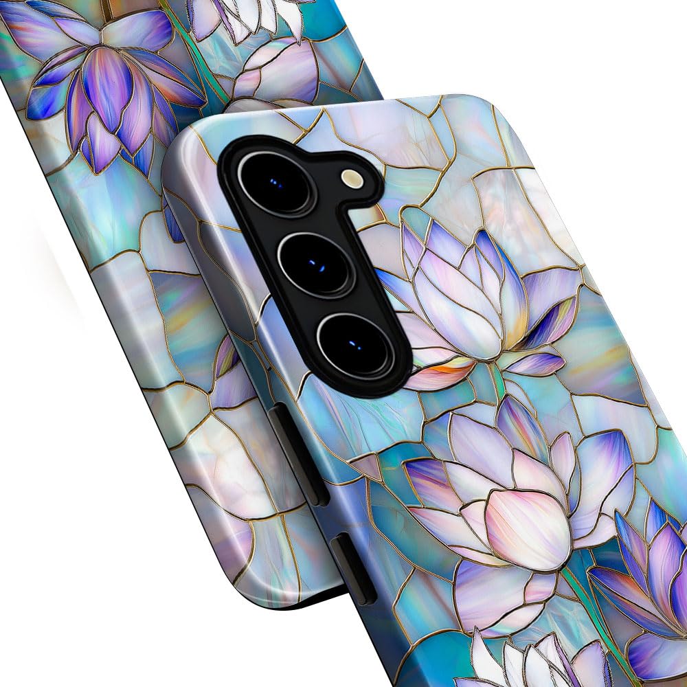 Djsok Compatible With Samsung Galaxy S23,Glossy Pc Anti-Scratch Shockproof Case - Lotus Stained Glass Pattern