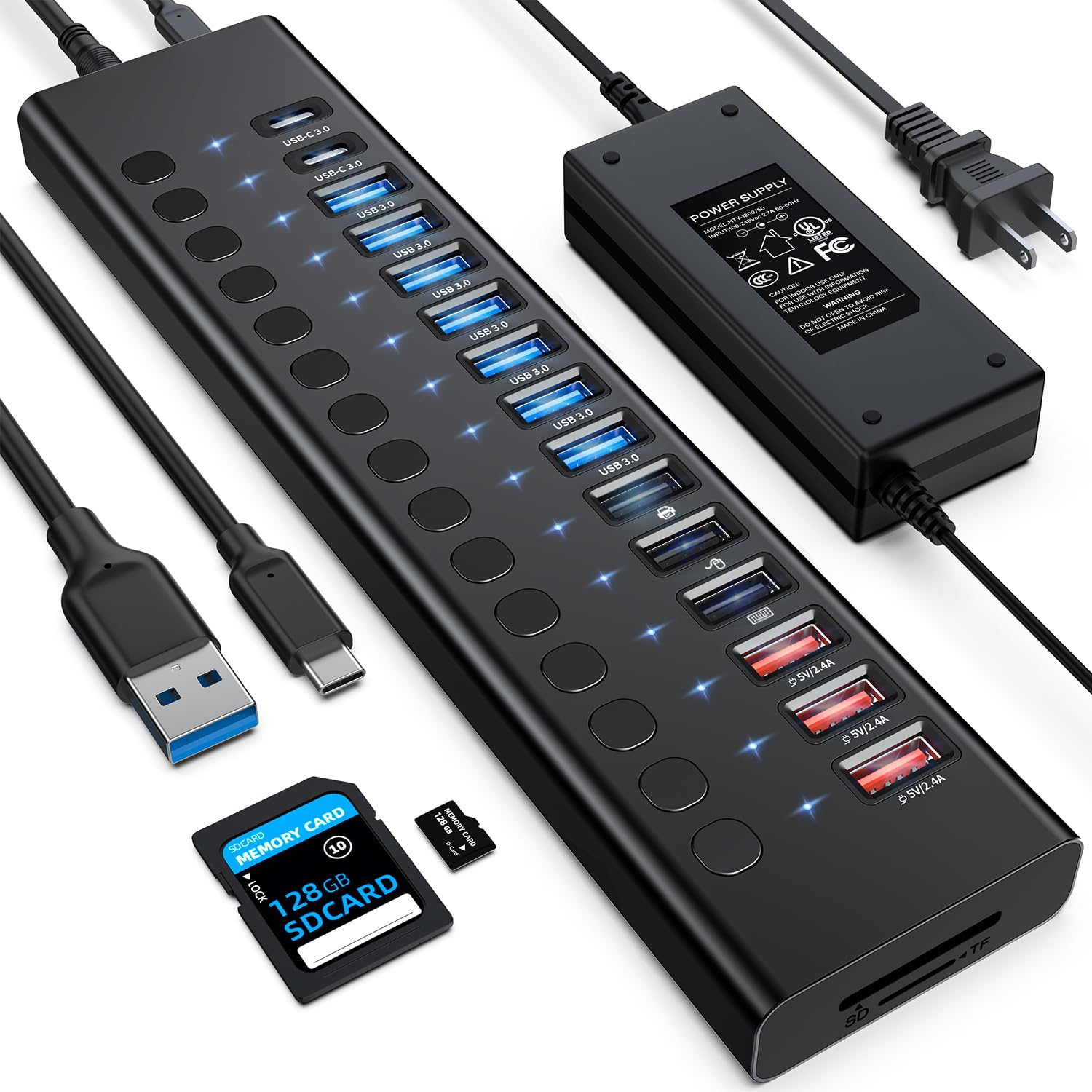 Powered Usb Hub, Vangree 17 Port Usb Splitter (7 Usb 3.0 Ports+3 2.4A Charging Ports+3 Usb 2.0 Ports+2 Usb C 3.0 Ports+Sd/Tf Car