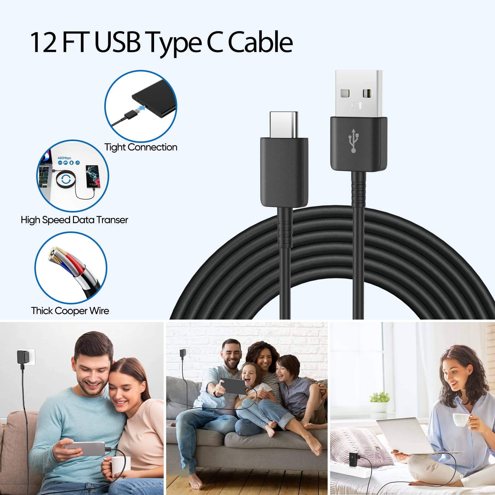 Type C Charger Fast Charging , Adaptive Fast Charger Kit With 12Ft Usb Type C Cable For Samsung Galaxy S23/S23 Ultra/S22/S21/S20