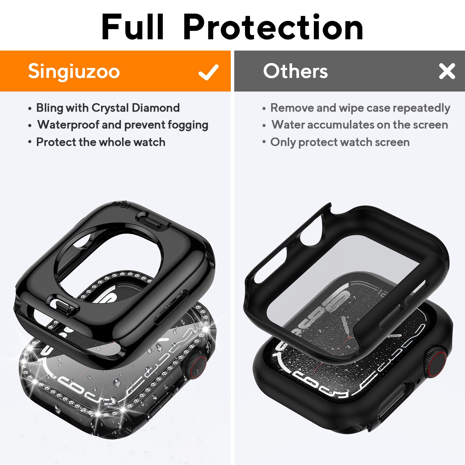 2 In 1 Bling Waterproof Case For Apple Watch Series 8 7 41Mm, 360 Protective Pc Cover Front & Back Bumper With Tempered Glass Sc