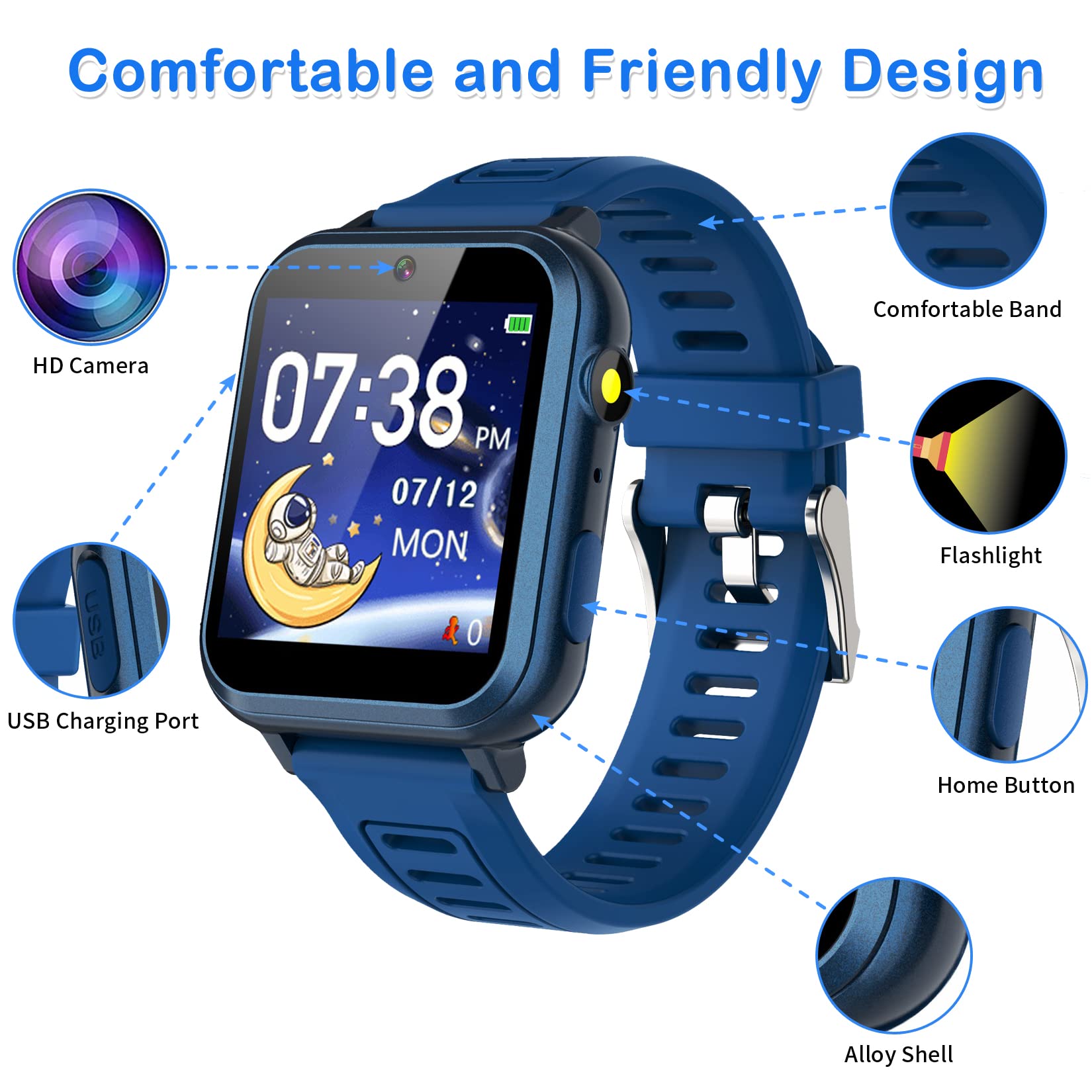 Smart Watch For Kids Boys, Kids Smart Watch Boys With 24 Games Alarm Clock Calendaring Camera Music Player Time Display Video &