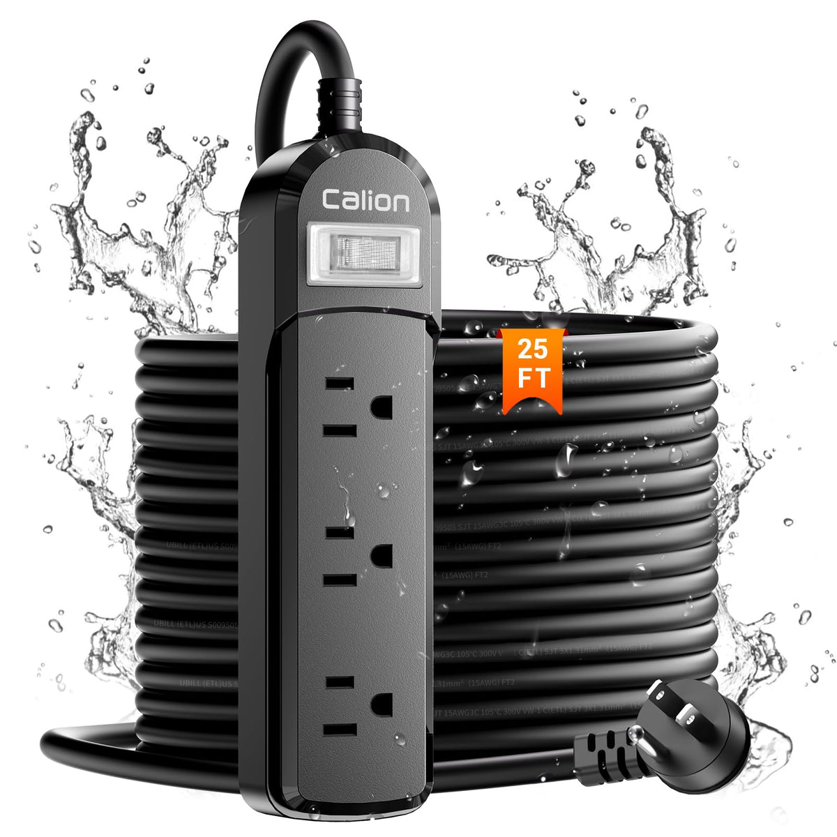 Calionltd Ipx6 Outdoor Power Strip Weatherproof, 25 Ft Sjt 16Awg Extension Cord 3 Wide Outlets 1875W Overload Protection, Waterp
