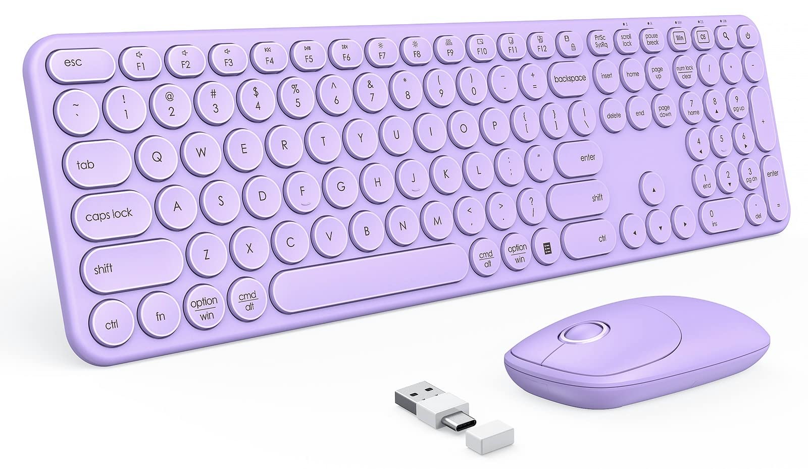 Peious Wireless Keyboard And Mouse Combo, Cute Purple Keyboard & Mouse With Usb And Type C Receiver, Full Size Wireless Mouse An