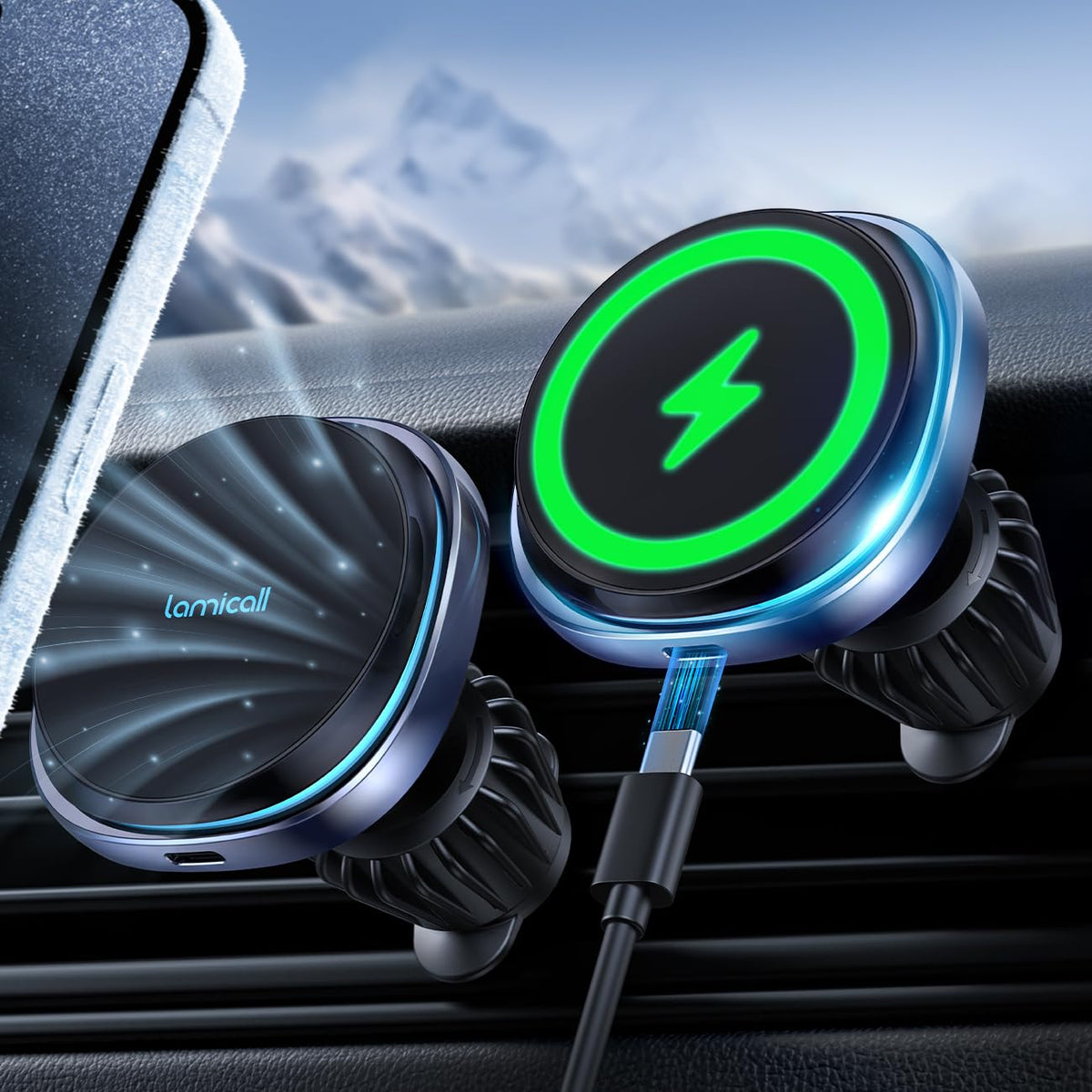Lamicall For Magnetic Car Mount Charger - [2024 Cooling Fast Charging] 15W Wireless Car Charger - Hands Free Magnetic Car Phone 
