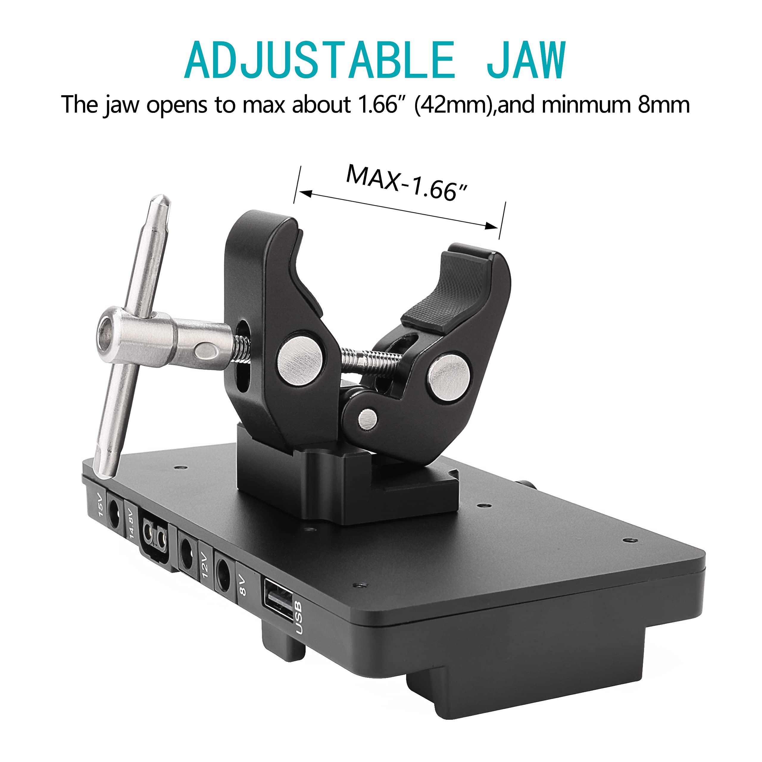 Koertacoo V-Mount Lock Battery Plate Power Supply Adapter + Super Clamp For Lighting Stand,Tripod, Support Rod.With D-Tap/Dc/Usb