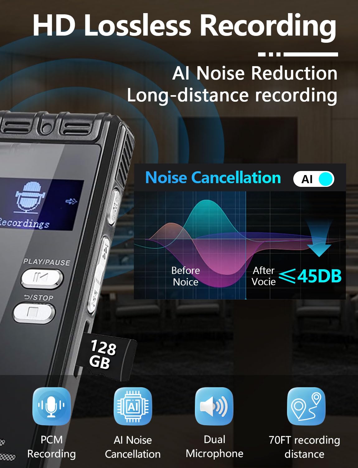 128Gb Digital Voice Activated Recorder With Playback   9104 Hours Audio Recorder, 3072 Kbps Hd Recording And Noise Canceling Voi
