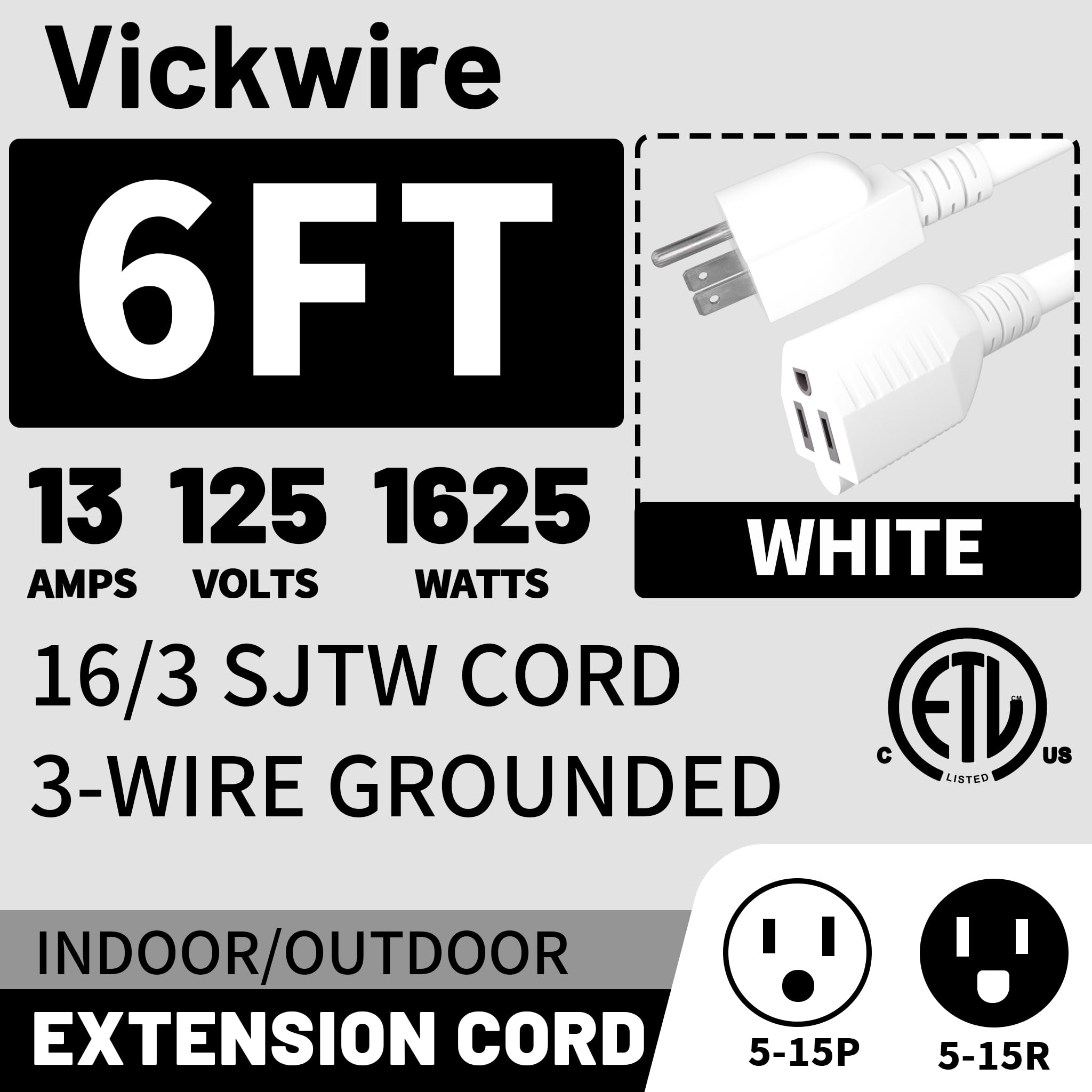 16/3 White Indoor Outdoor Extension Cord 6 Ft Waterproof, Heavy Duty Extension Cord With 3 Prong Grounded Plug,13A 1625W 16Awg S
